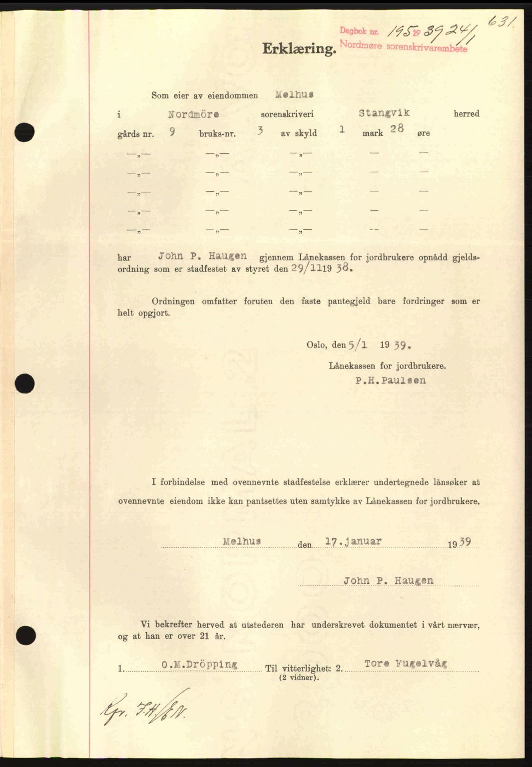 Nordmøre sorenskriveri, SAT/A-4132/1/2/2Ca: Mortgage book no. B84, 1938-1939, Diary no: : 195/1939