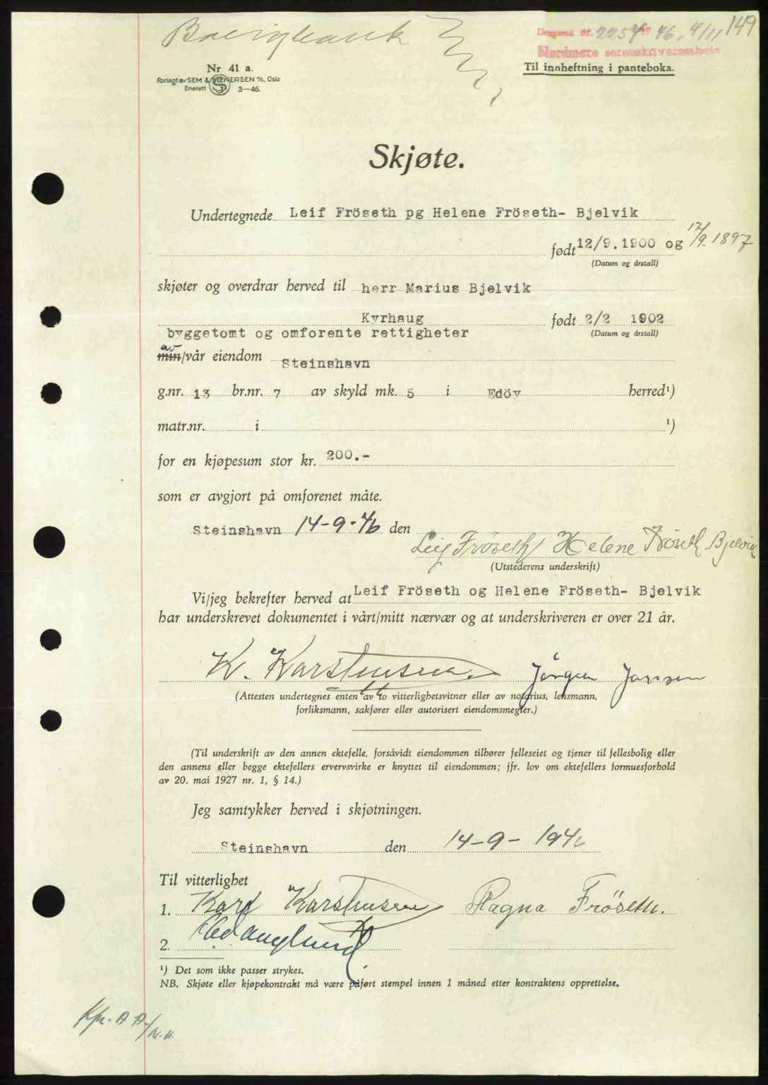 Nordmøre sorenskriveri, AV/SAT-A-4132/1/2/2Ca: Mortgage book no. A103, 1946-1947, Diary no: : 2254/1946