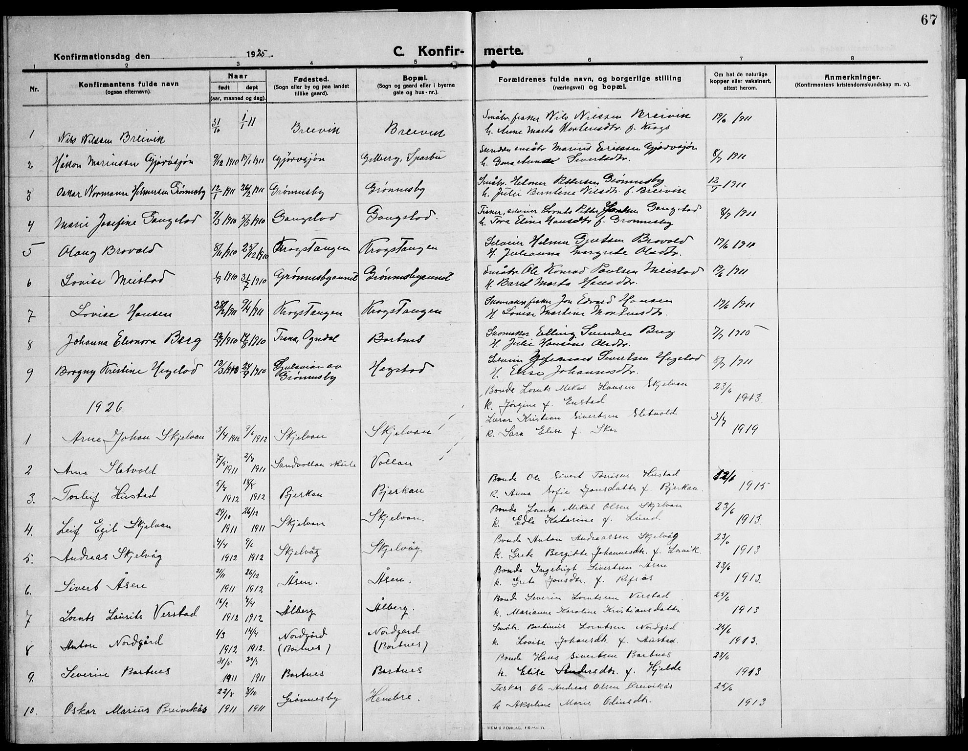 Ministerialprotokoller, klokkerbøker og fødselsregistre - Nord-Trøndelag, SAT/A-1458/732/L0319: Parish register (copy) no. 732C03, 1911-1945, p. 67