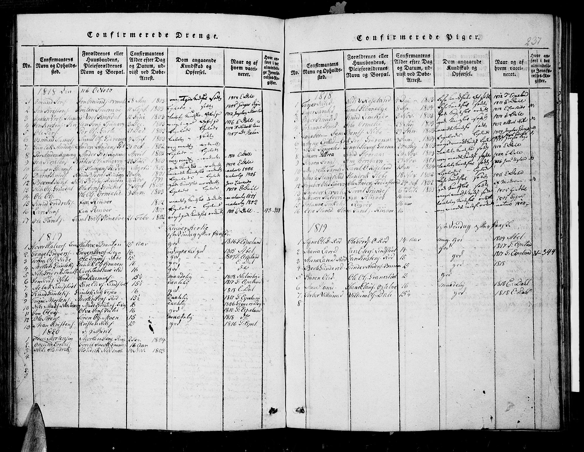 Søndeled sokneprestkontor, AV/SAK-1111-0038/F/Fb/L0002: Parish register (copy) no. B 2, 1816-1839, p. 237