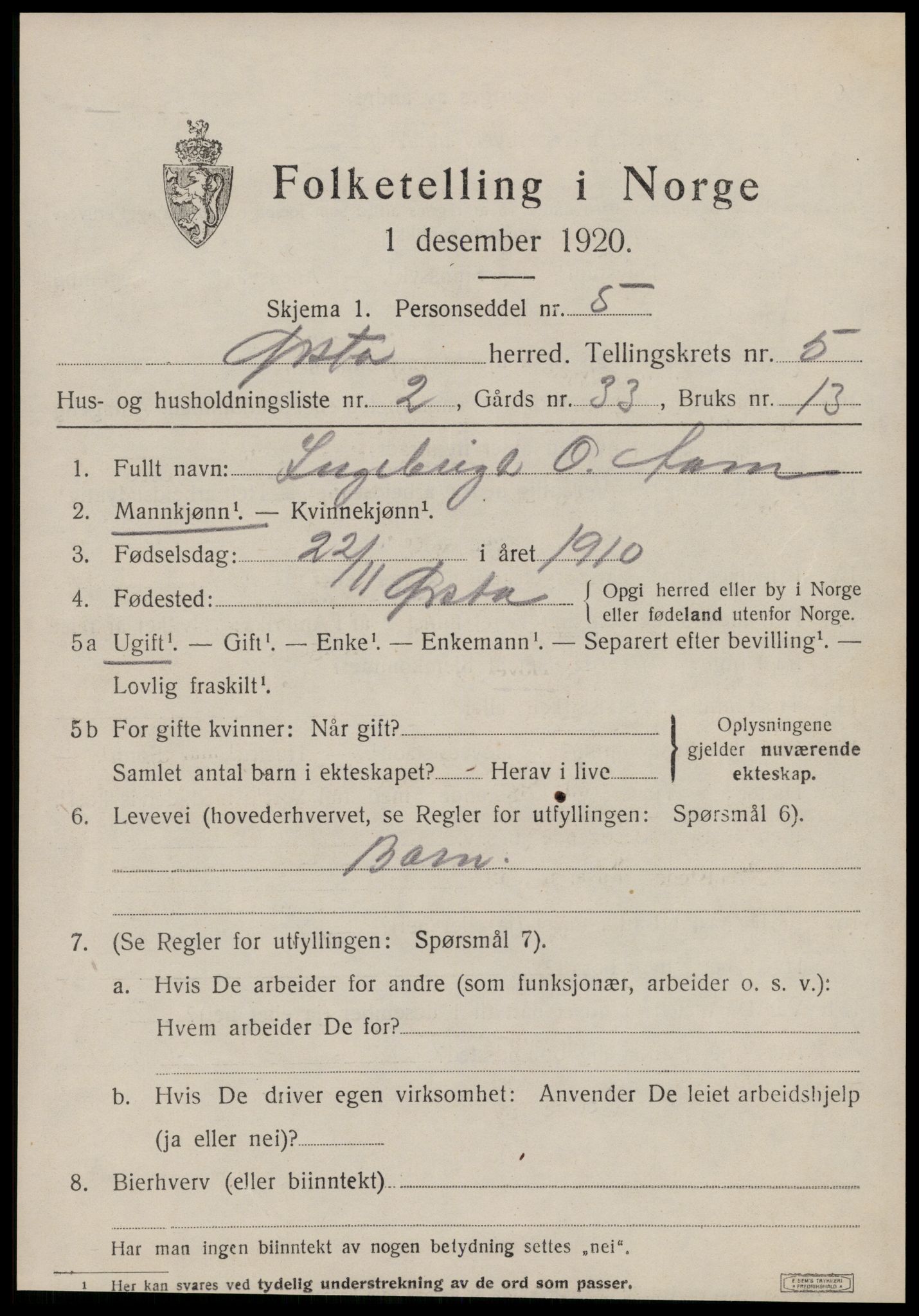 SAT, 1920 census for Ørsta, 1920, p. 4326