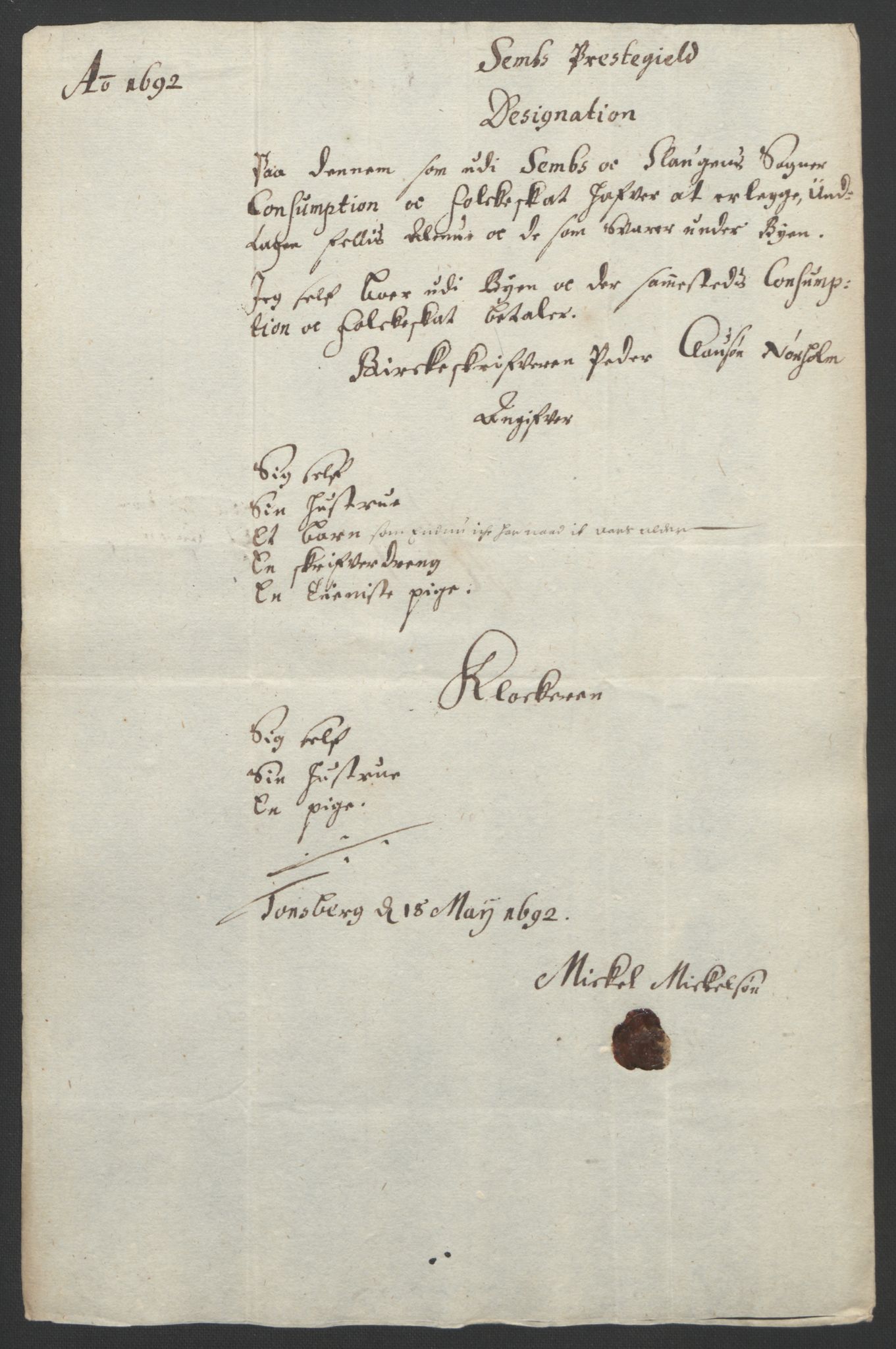 Rentekammeret inntil 1814, Reviderte regnskaper, Fogderegnskap, AV/RA-EA-4092/R32/L1865: Fogderegnskap Jarlsberg grevskap, 1692, p. 240