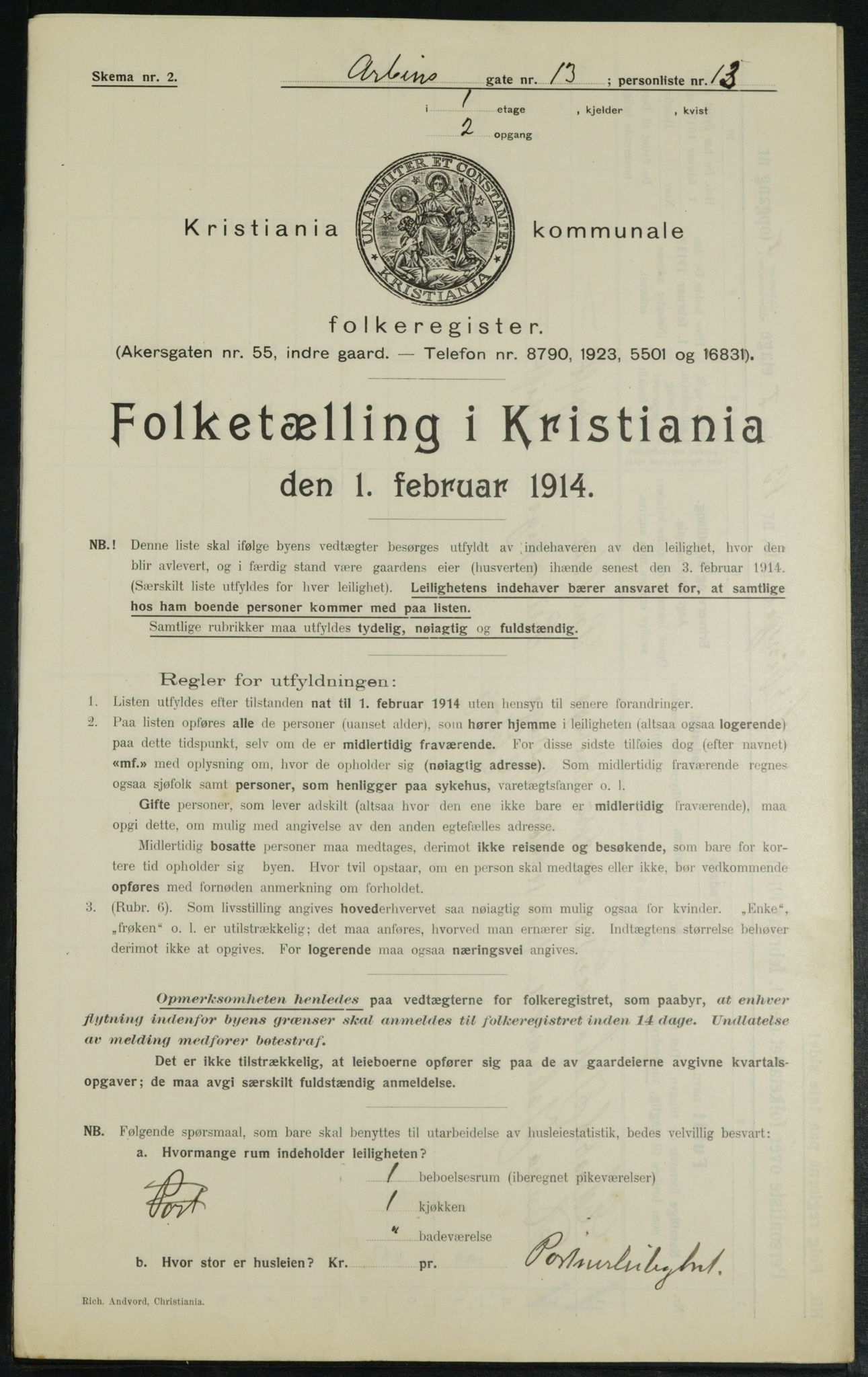 OBA, Municipal Census 1914 for Kristiania, 1914, p. 1707