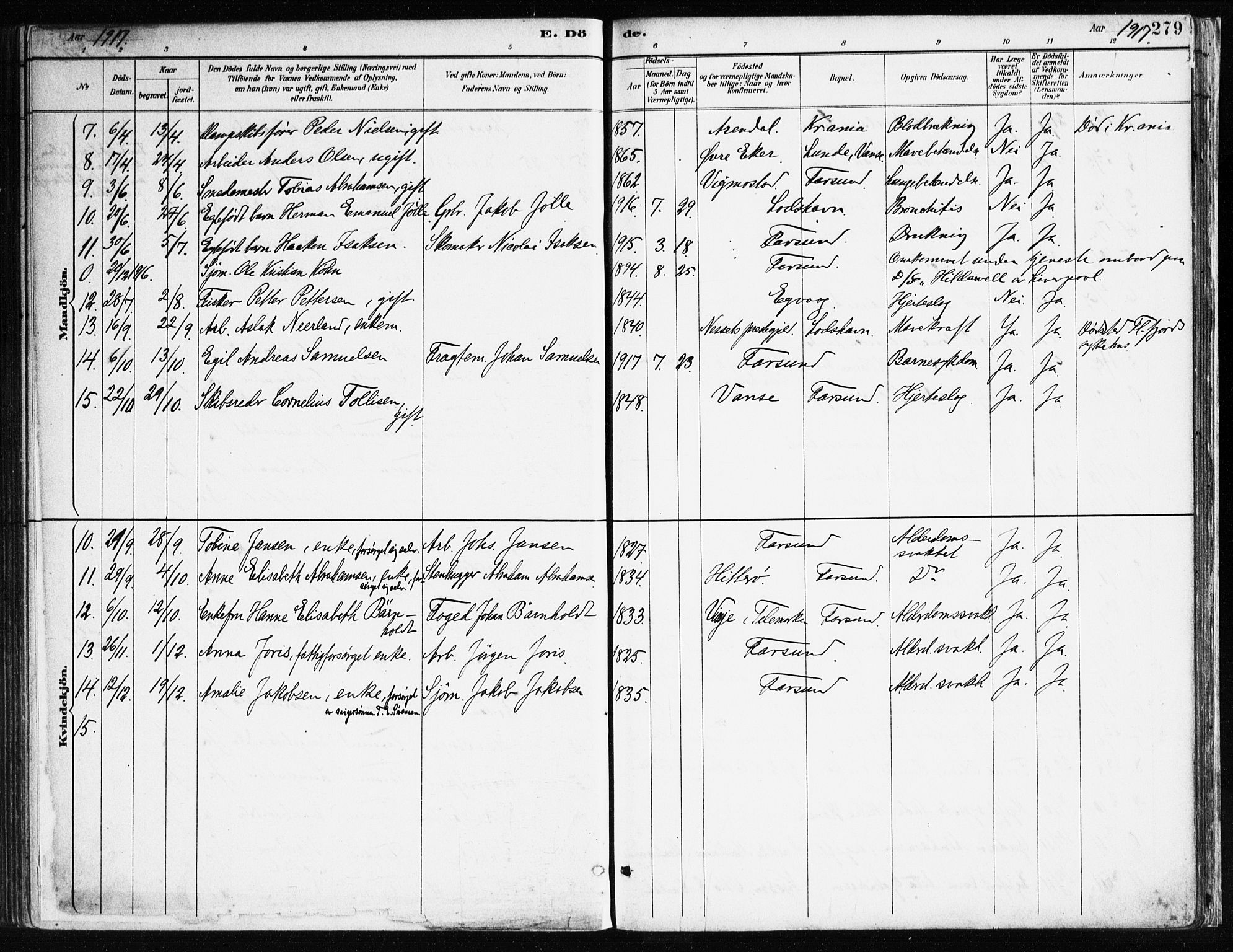 Farsund sokneprestkontor, AV/SAK-1111-0009/F/Fa/L0006: Parish register (official) no. A 6, 1887-1920, p. 279