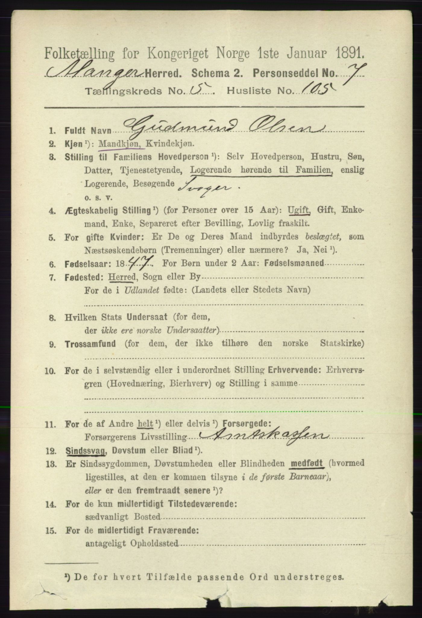 RA, 1891 census for 1261 Manger, 1891, p. 3308