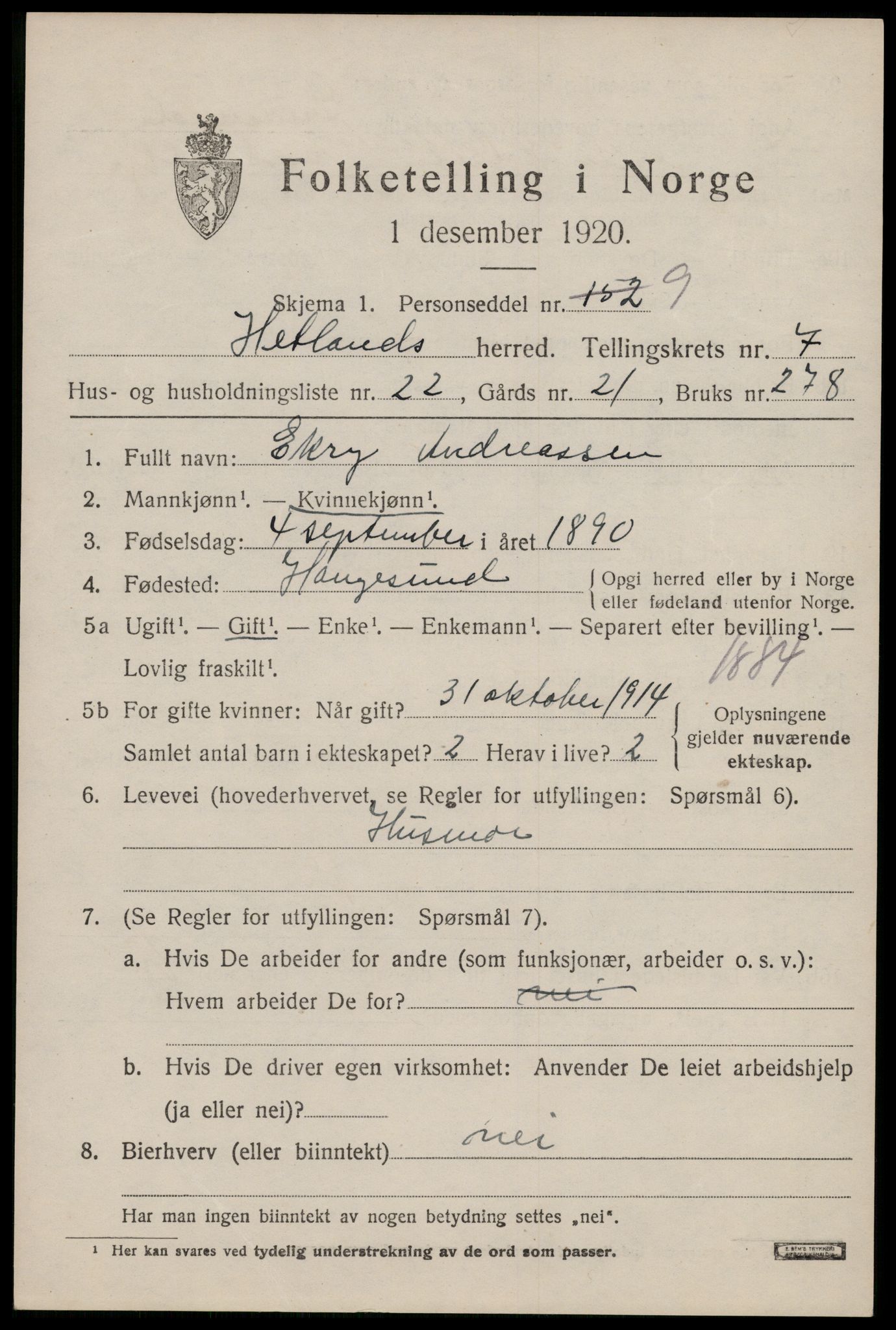 SAST, 1920 census for Hetland, 1920, p. 14189