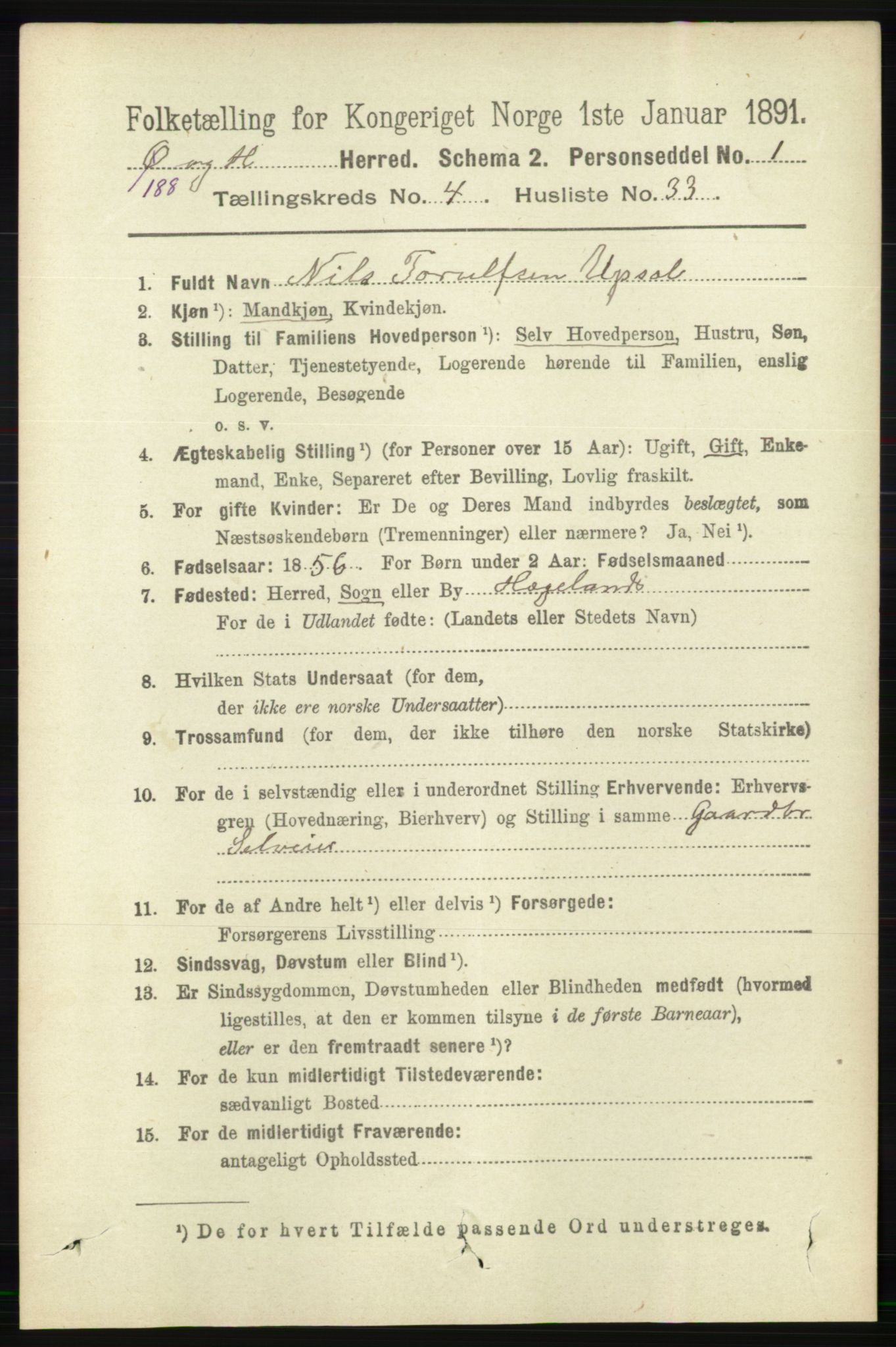 RA, 1891 census for 1016 Øvrebø og Hægeland, 1891, p. 895