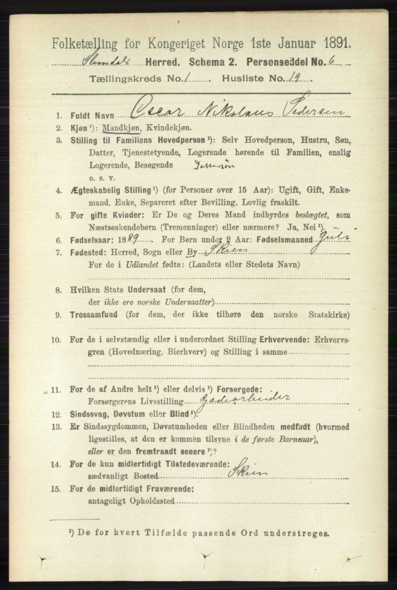 RA, 1891 census for 0811 Slemdal, 1891, p. 169