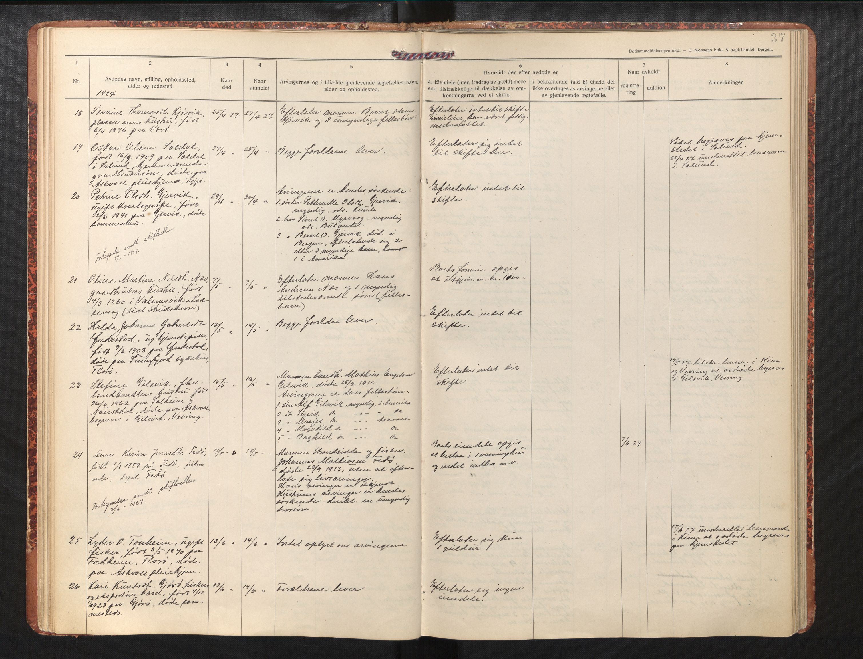 Lensmannen i Askvoll, AV/SAB-A-26301/0006/L0001a: Dødsfallprotokoll, 1919-1942, p. 37