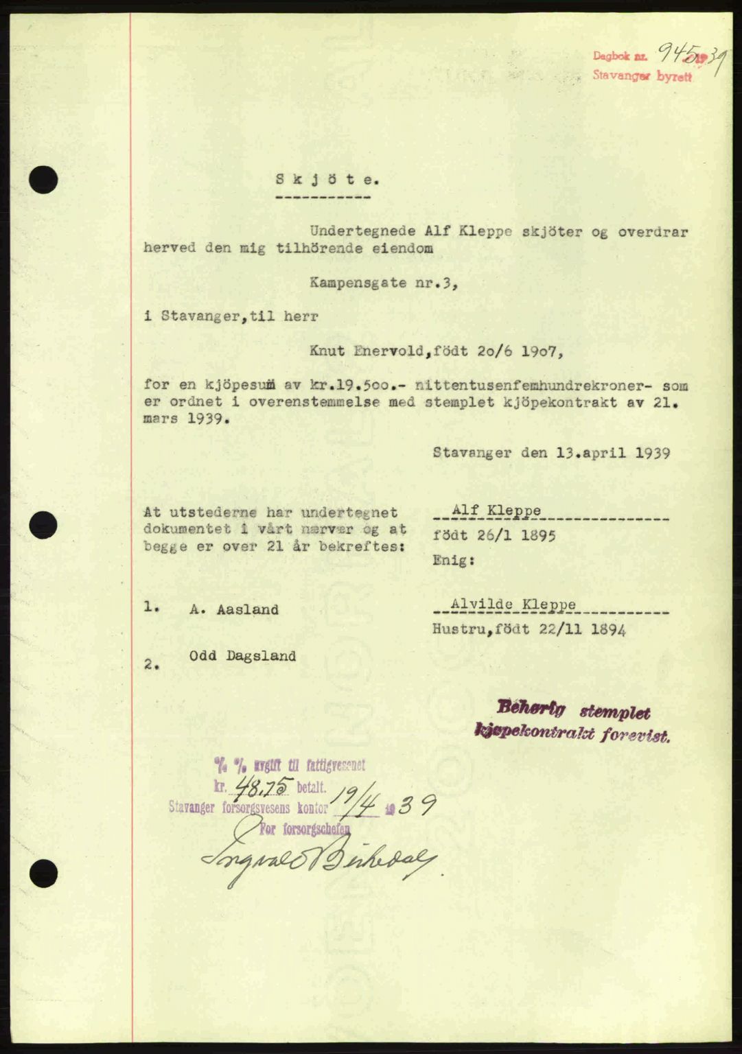 Stavanger byrett, SAST/A-100455/002/G/Gb/L0014: Mortgage book no. A4, 1938-1939, Diary no: : 945/1939