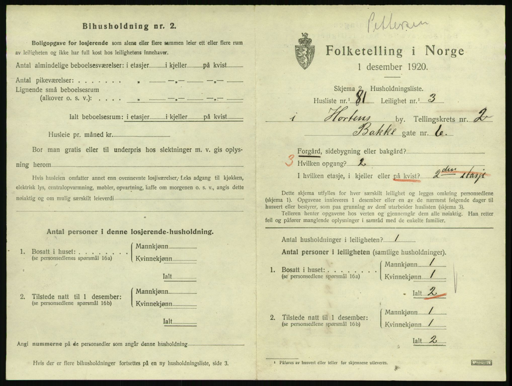 SAKO, 1920 census for Horten, 1920, p. 3645