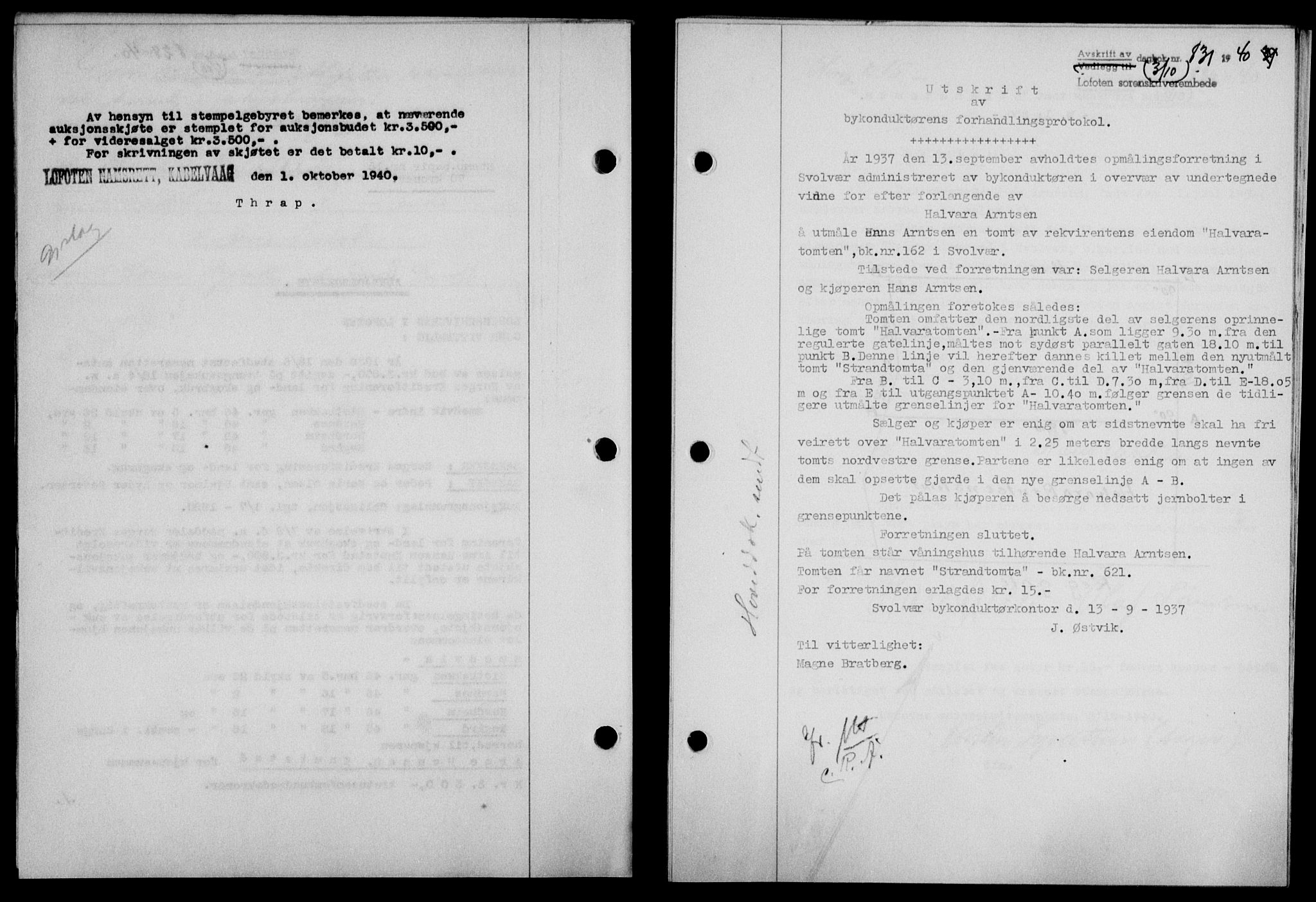 Lofoten sorenskriveri, SAT/A-0017/1/2/2C/L0007a: Mortgage book no. 7a, 1939-1940, Diary no: : 831/1940