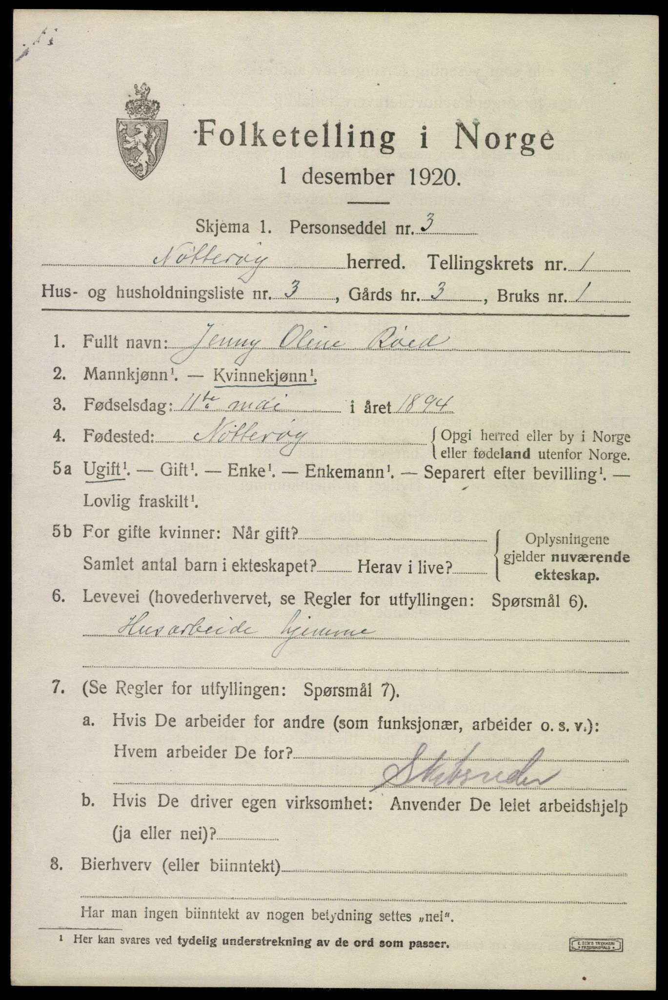 SAKO, 1920 census for Nøtterøy, 1920, p. 2851