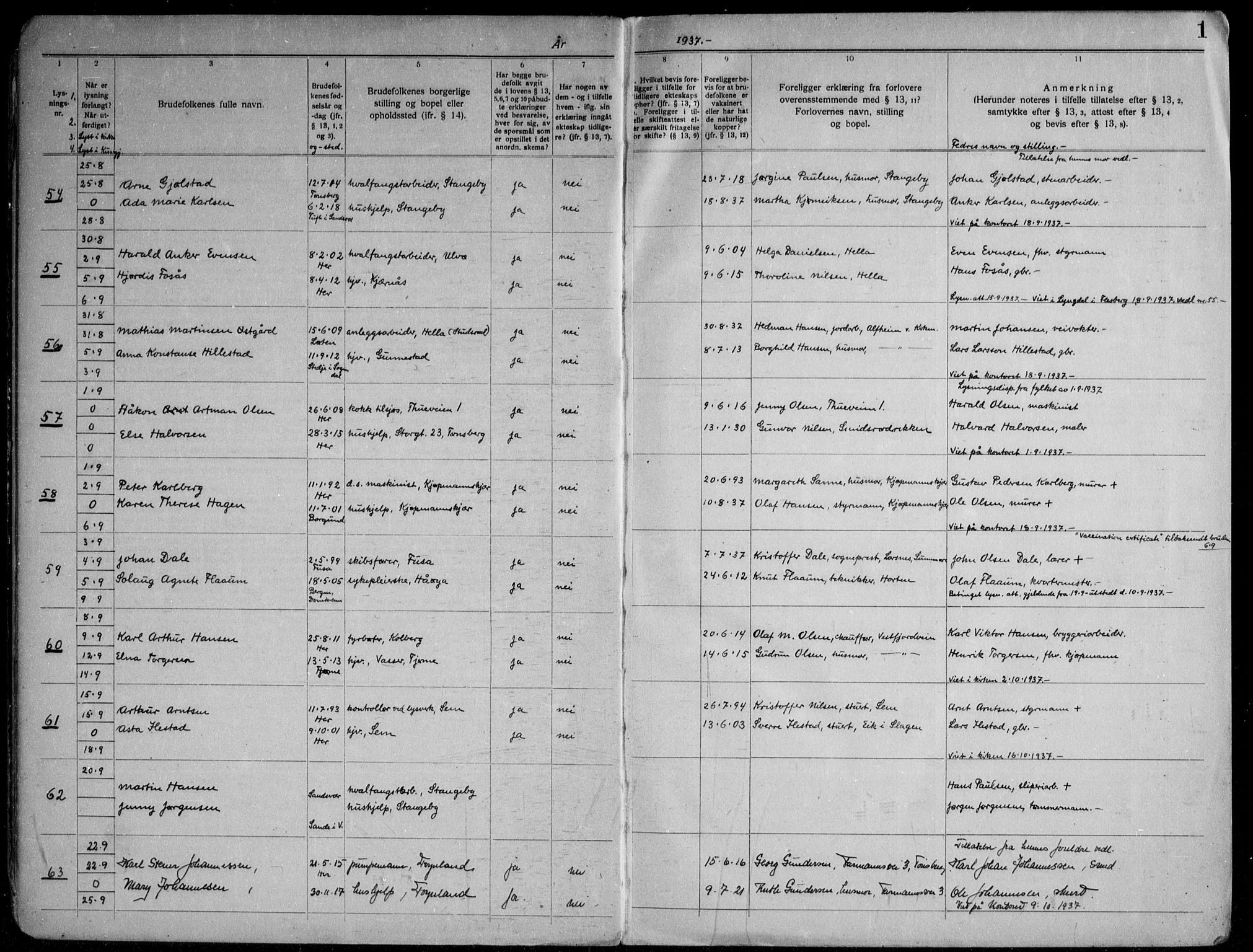 Nøtterøy kirkebøker, AV/SAKO-A-354/H/Ha/L0002: Banns register no. 2, 1937-1952, p. 1