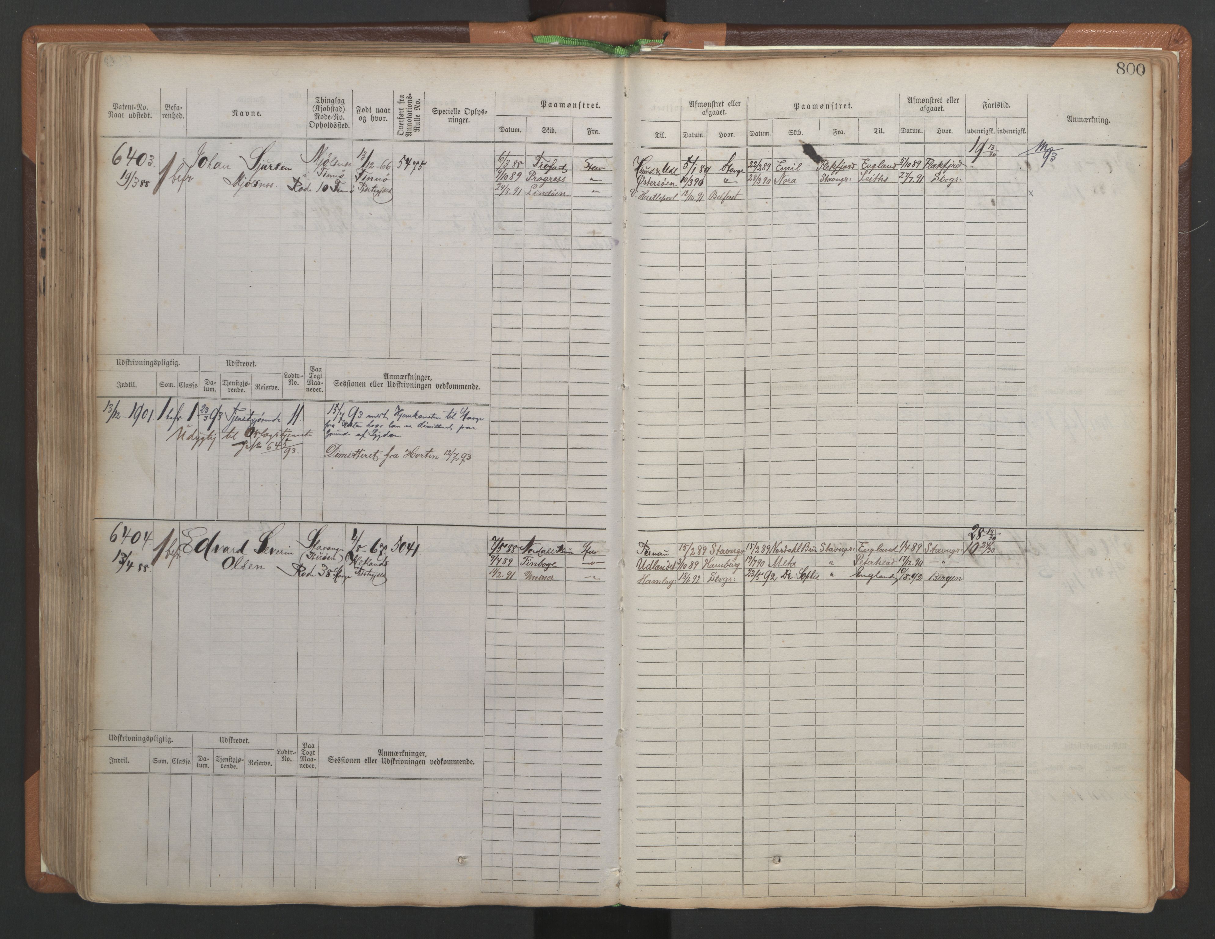 Stavanger sjømannskontor, AV/SAST-A-102006/F/Fb/Fbb/L0010: Sjøfartshovedrulle, patentnr. 6007-6606 (del 1), 1887-1896, p. 204