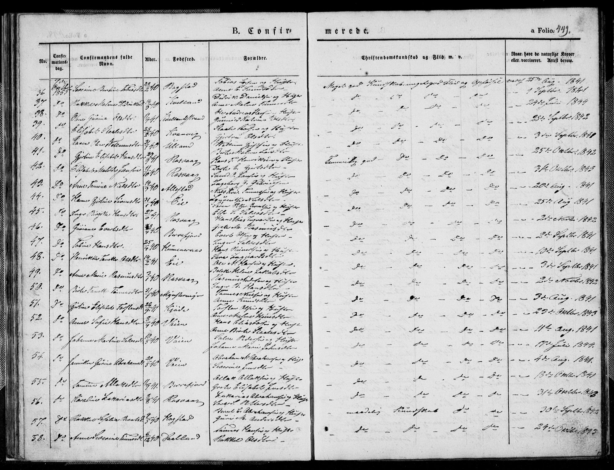 Flekkefjord sokneprestkontor, SAK/1111-0012/F/Fb/Fbb/L0002: Parish register (copy) no. B 2b, 1831-1866, p. 449