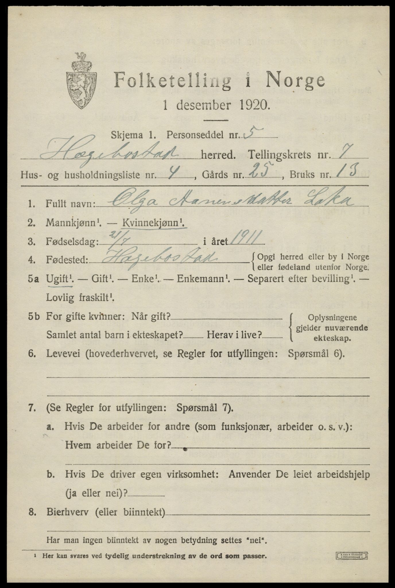 SAK, 1920 census for Hægebostad, 1920, p. 2137