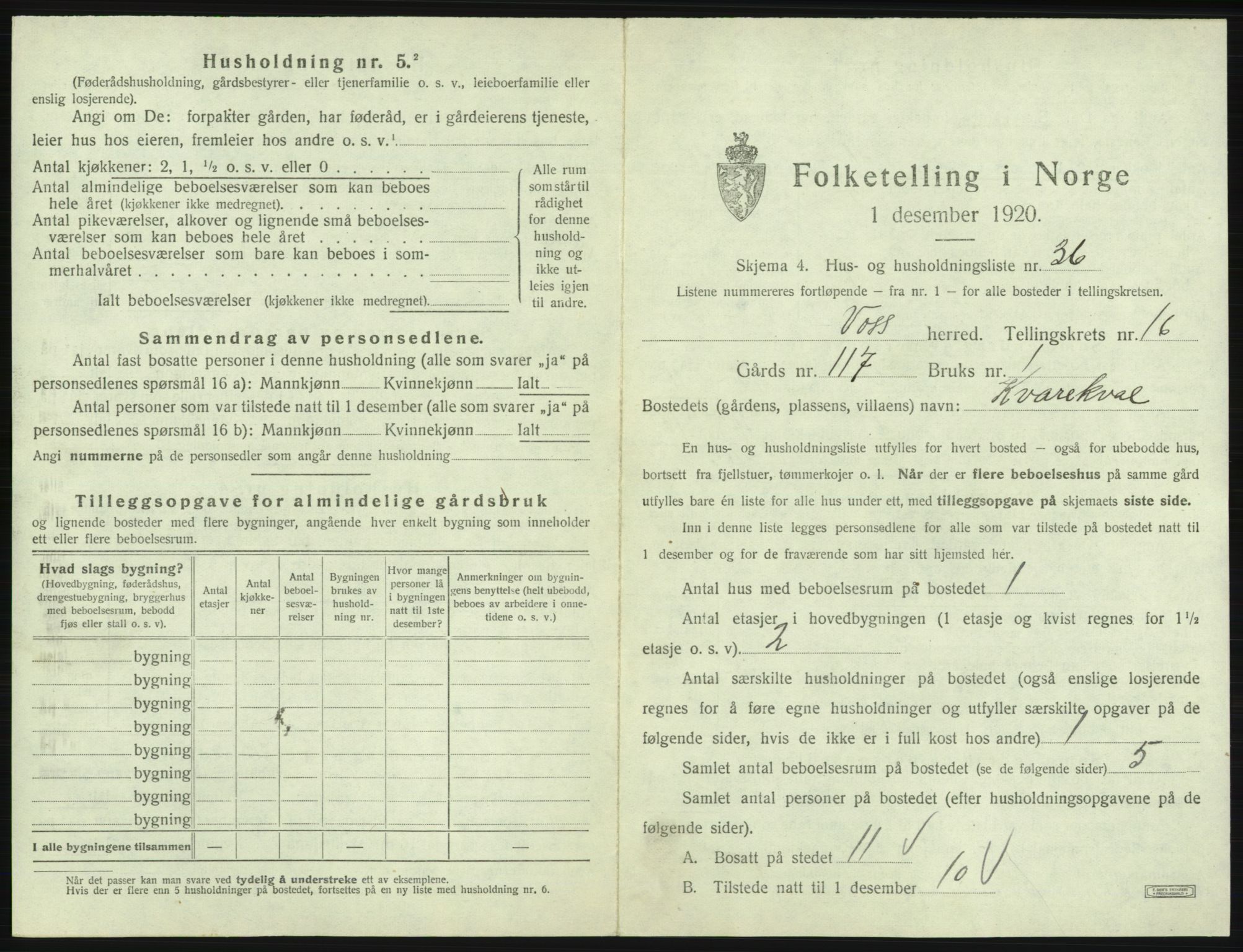 SAB, 1920 census for Voss, 1920, p. 1607