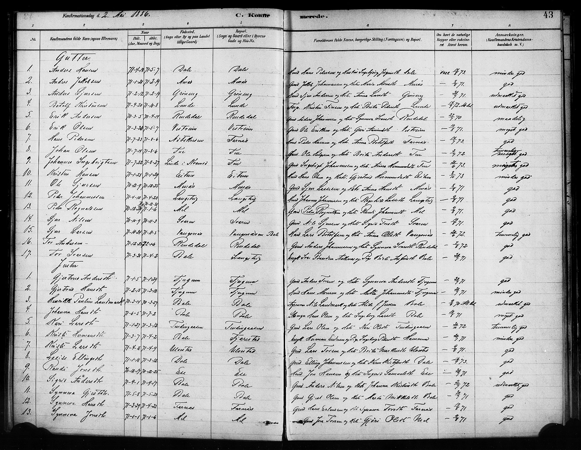 Balestrand sokneprestembete, SAB/A-79601/H/Haa/Haaa/L0004: Parish register (official) no. A 4 /1, 1879-1888, p. 43
