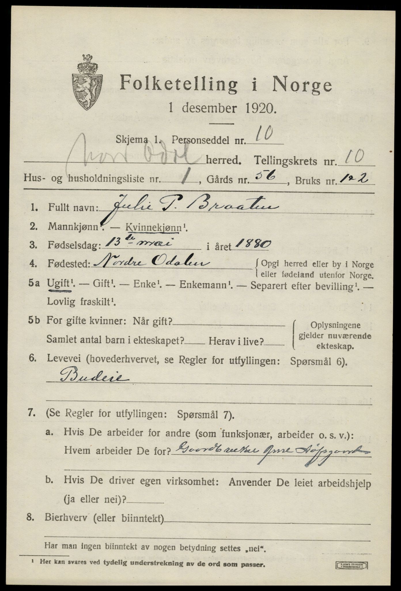 SAH, 1920 census for Nord-Odal, 1920, p. 10891