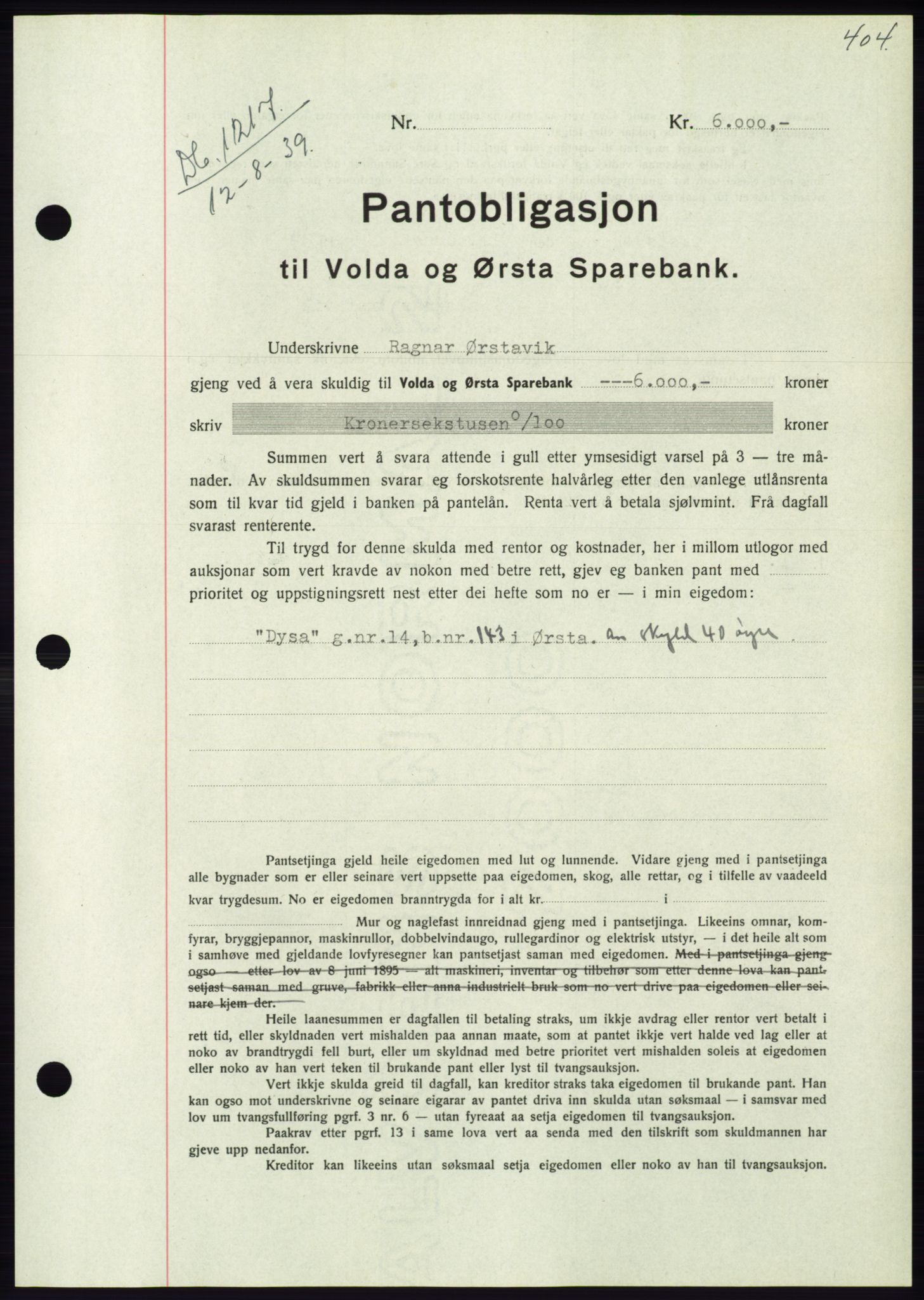 Søre Sunnmøre sorenskriveri, AV/SAT-A-4122/1/2/2C/L0068: Mortgage book no. 62, 1939-1939, Diary no: : 1217/1939