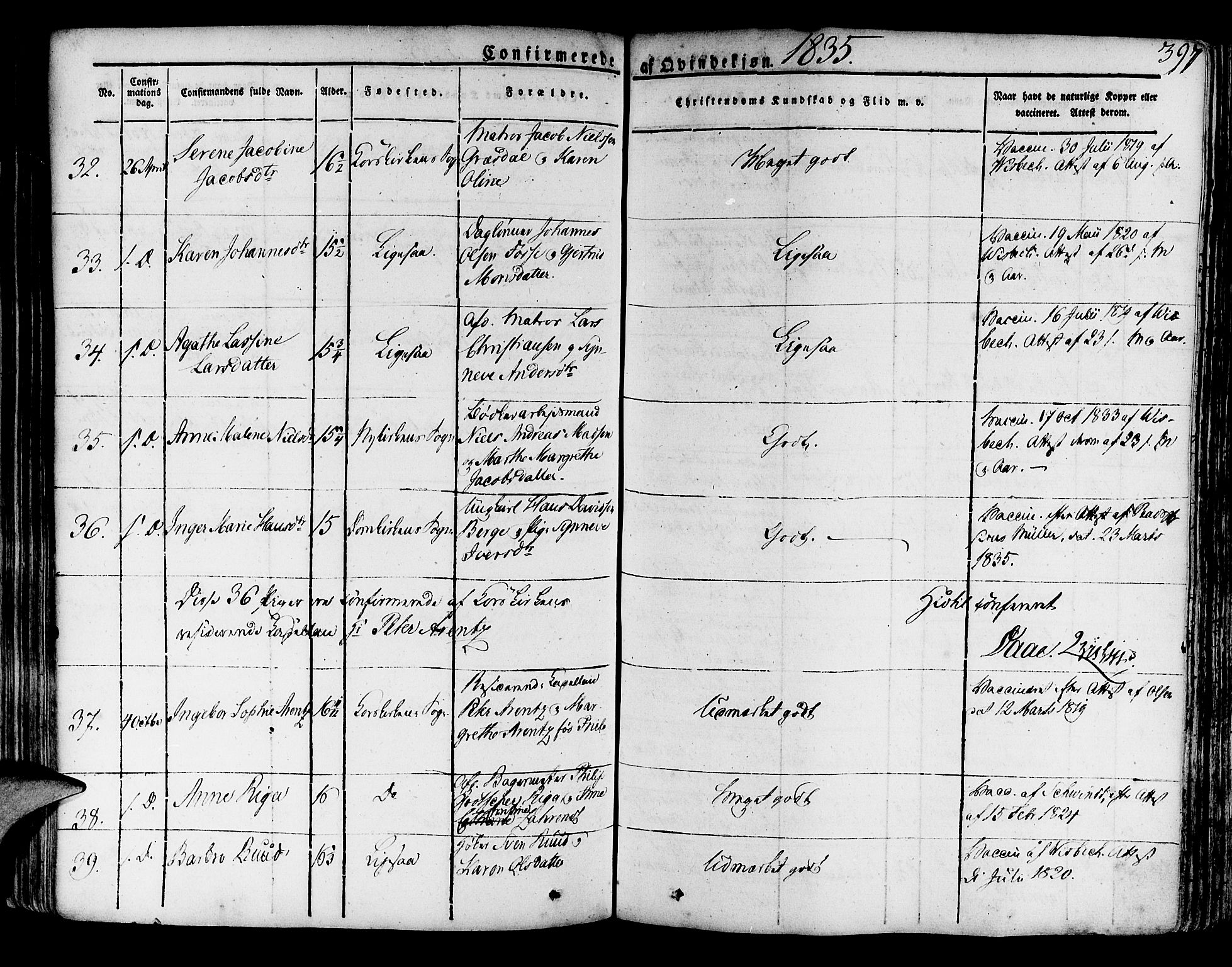 Korskirken sokneprestembete, AV/SAB-A-76101/H/Haa/L0014: Parish register (official) no. A 14, 1823-1835, p. 397