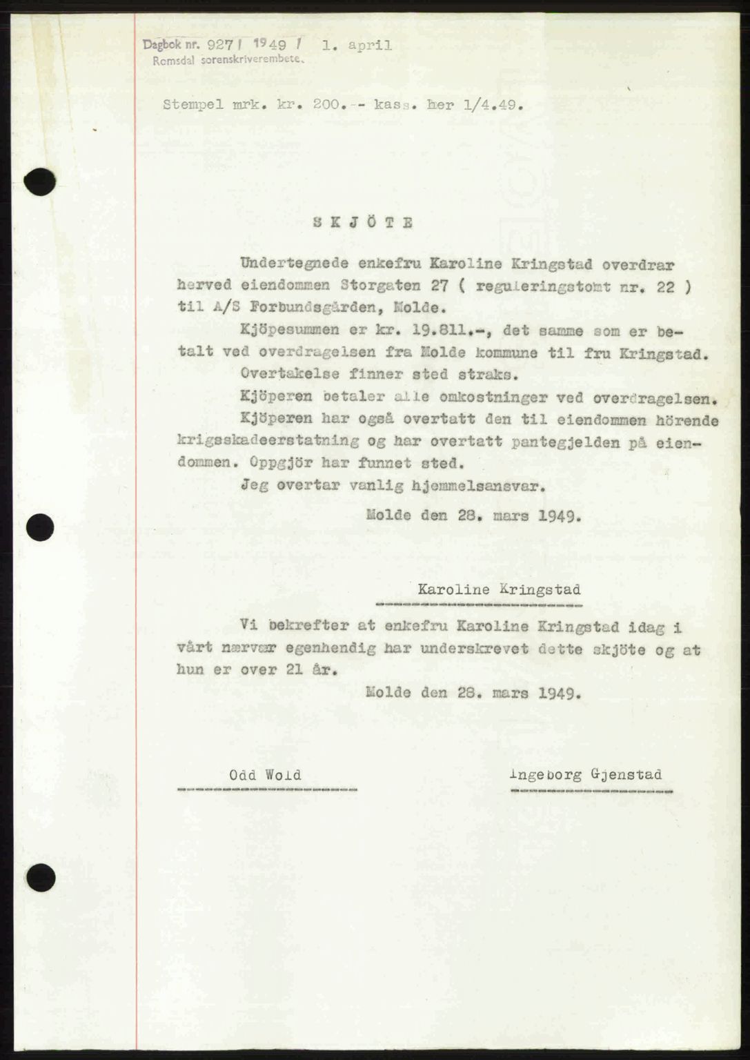 Romsdal sorenskriveri, AV/SAT-A-4149/1/2/2C: Mortgage book no. A29, 1949-1949, Diary no: : 927/1949