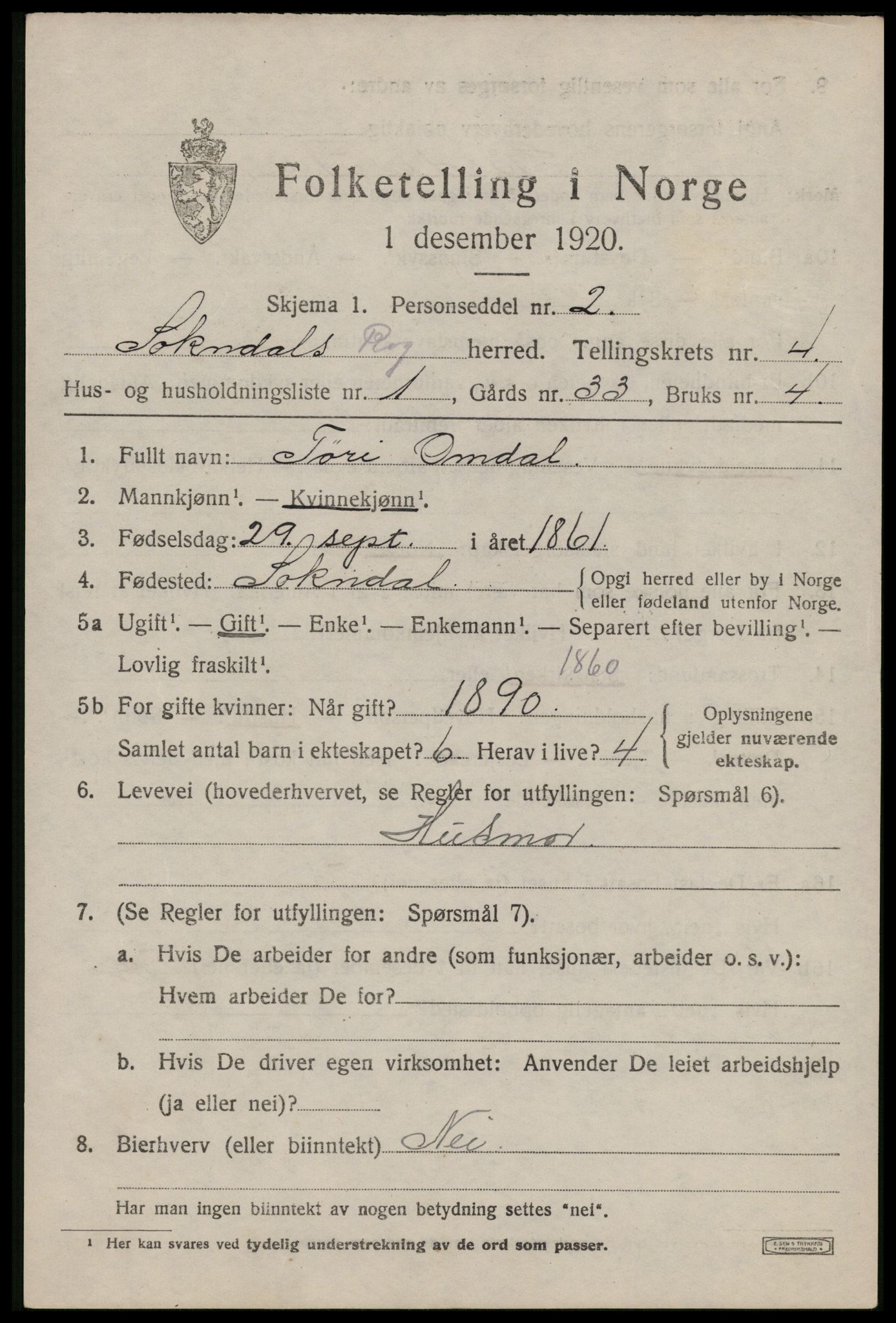 SAST, 1920 census for Sokndal, 1920, p. 2849