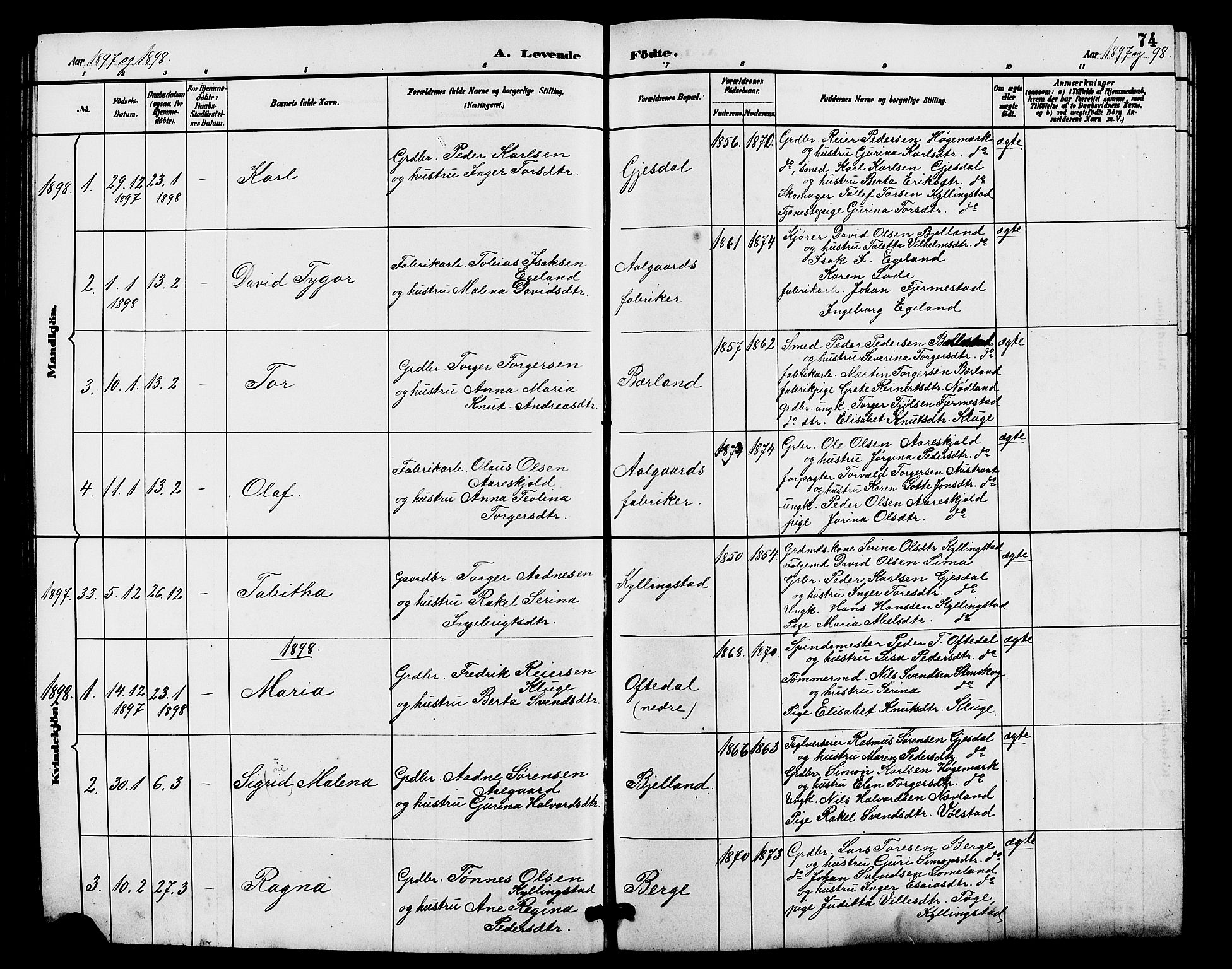 Lye sokneprestkontor, SAST/A-101794/001/30BB/L0008: Parish register (copy) no. B 7, 1887-1901, p. 74