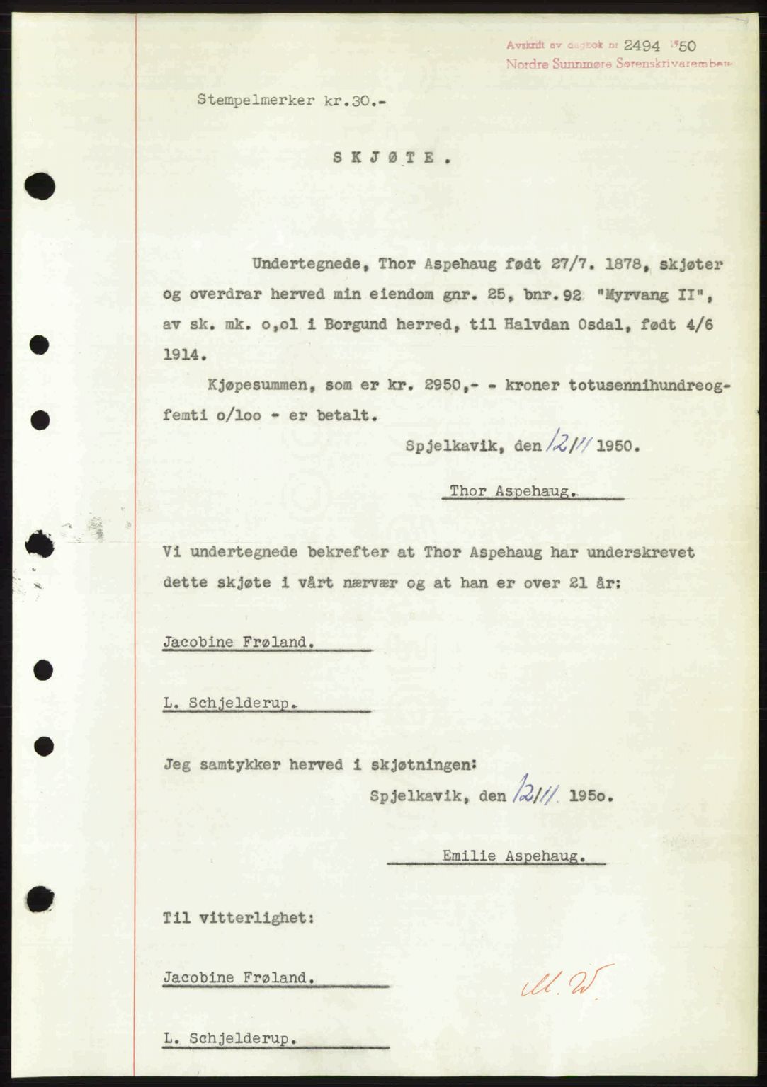 Nordre Sunnmøre sorenskriveri, AV/SAT-A-0006/1/2/2C/2Ca: Mortgage book no. A36, 1950-1950, Diary no: : 2494/1950