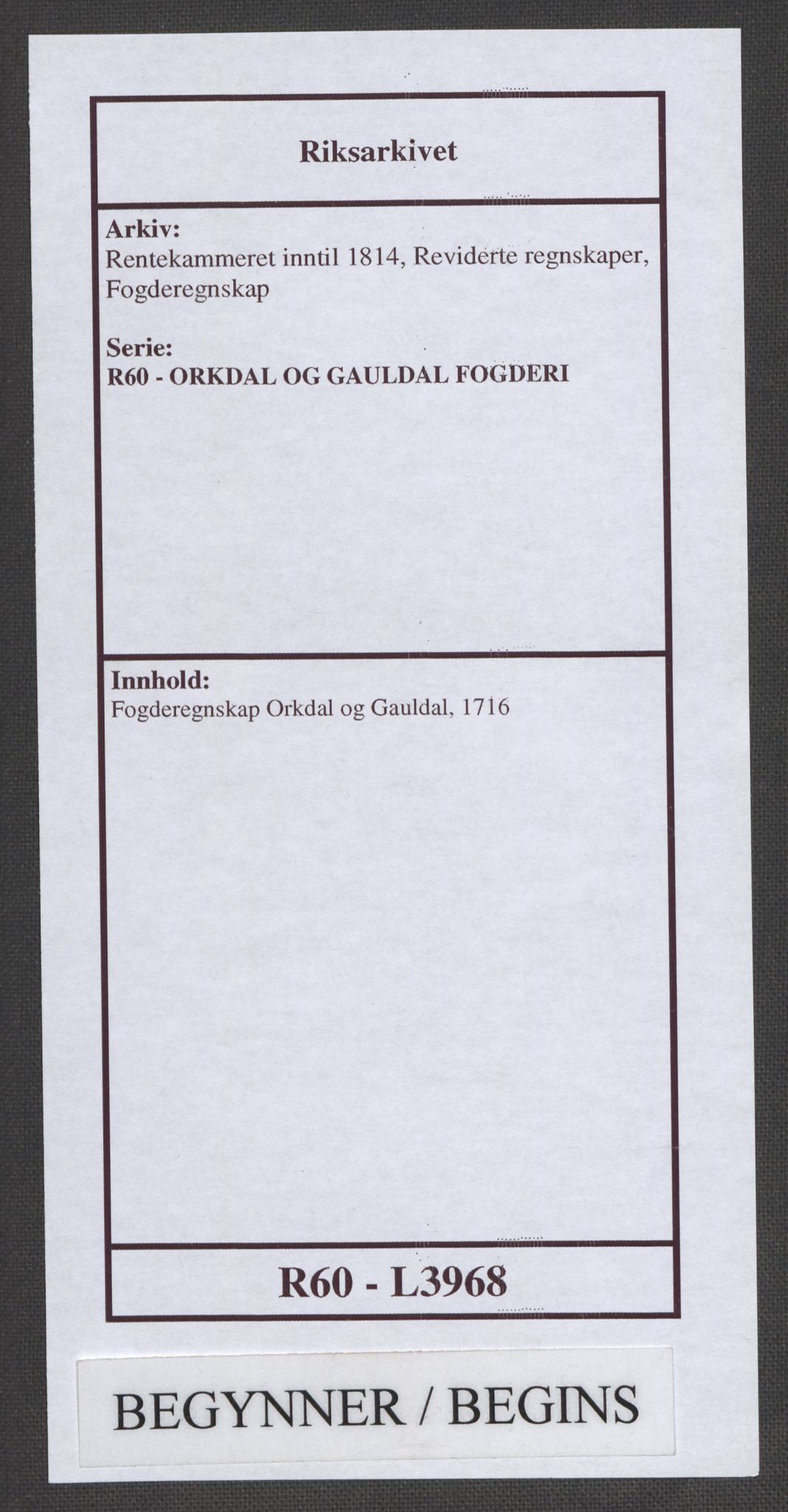Rentekammeret inntil 1814, Reviderte regnskaper, Fogderegnskap, AV/RA-EA-4092/R60/L3968: Fogderegnskap Orkdal og Gauldal, 1716, p. 1