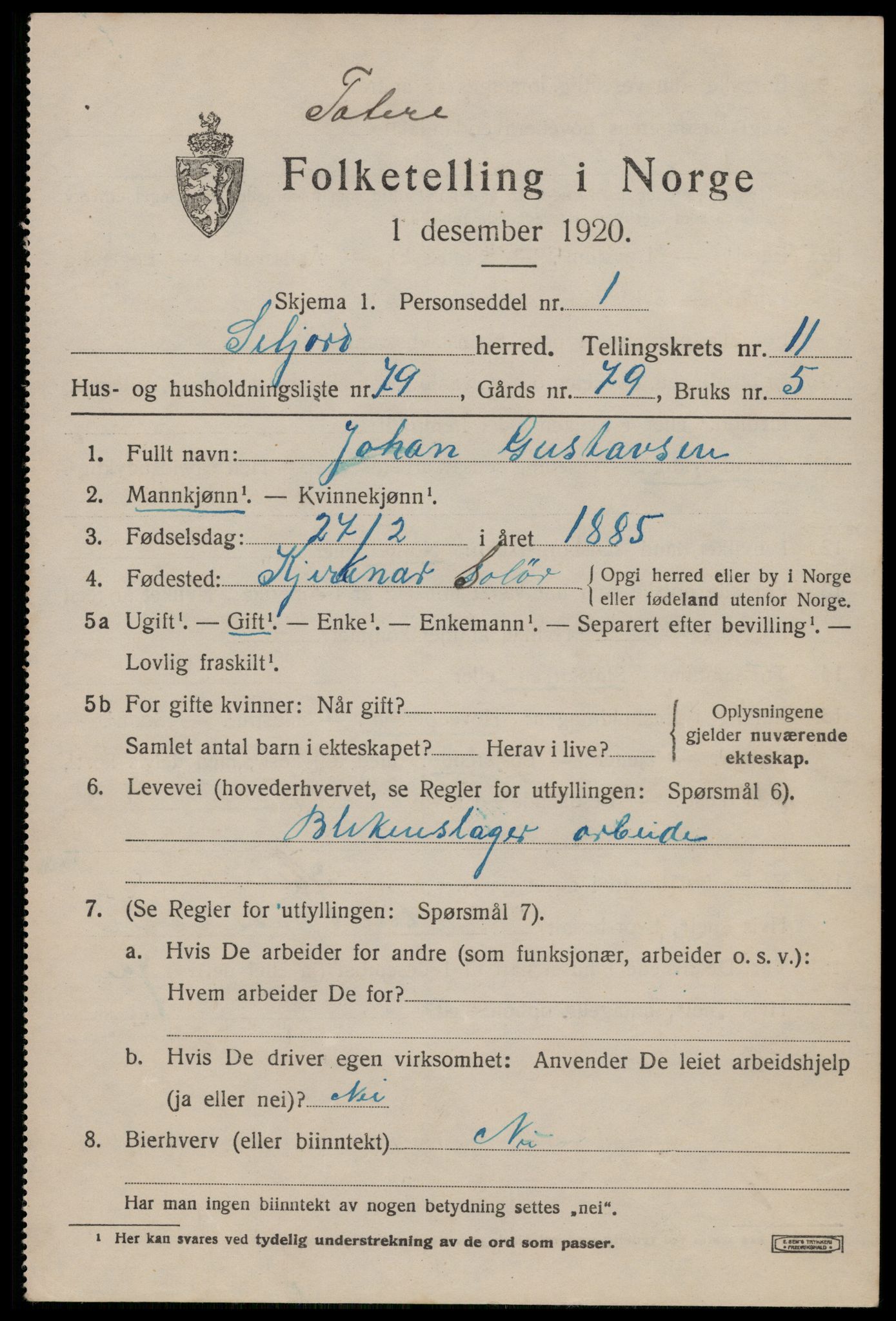 SAKO, 1920 census for Seljord, 1920, p. 5352