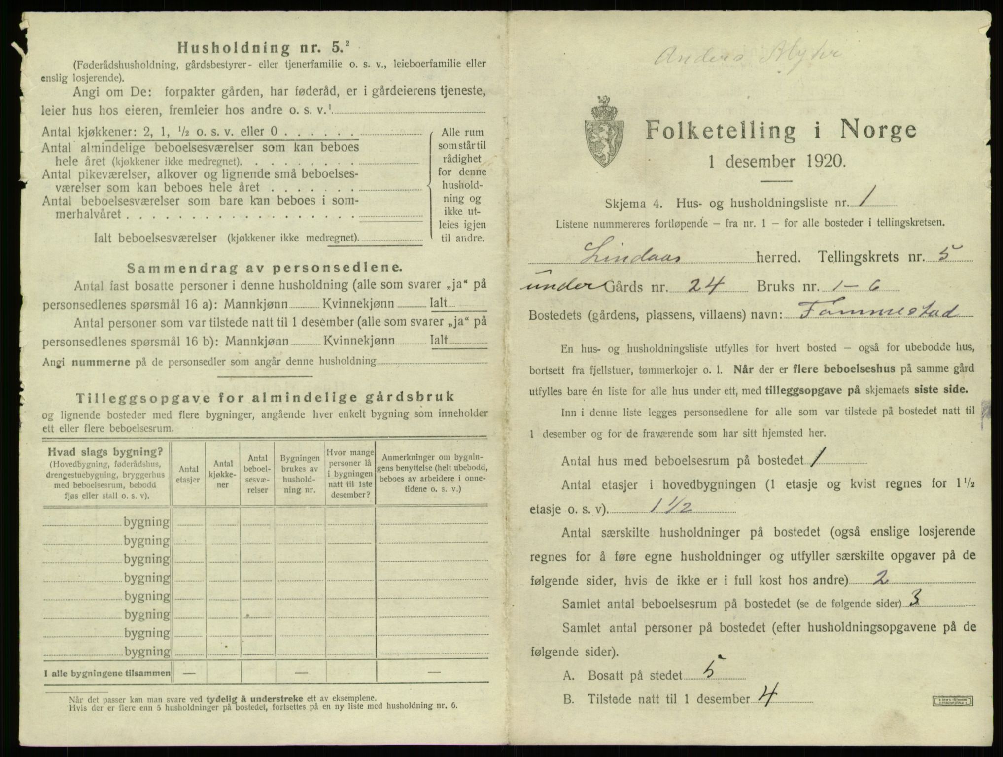 SAB, 1920 census for Lindås, 1920, p. 285