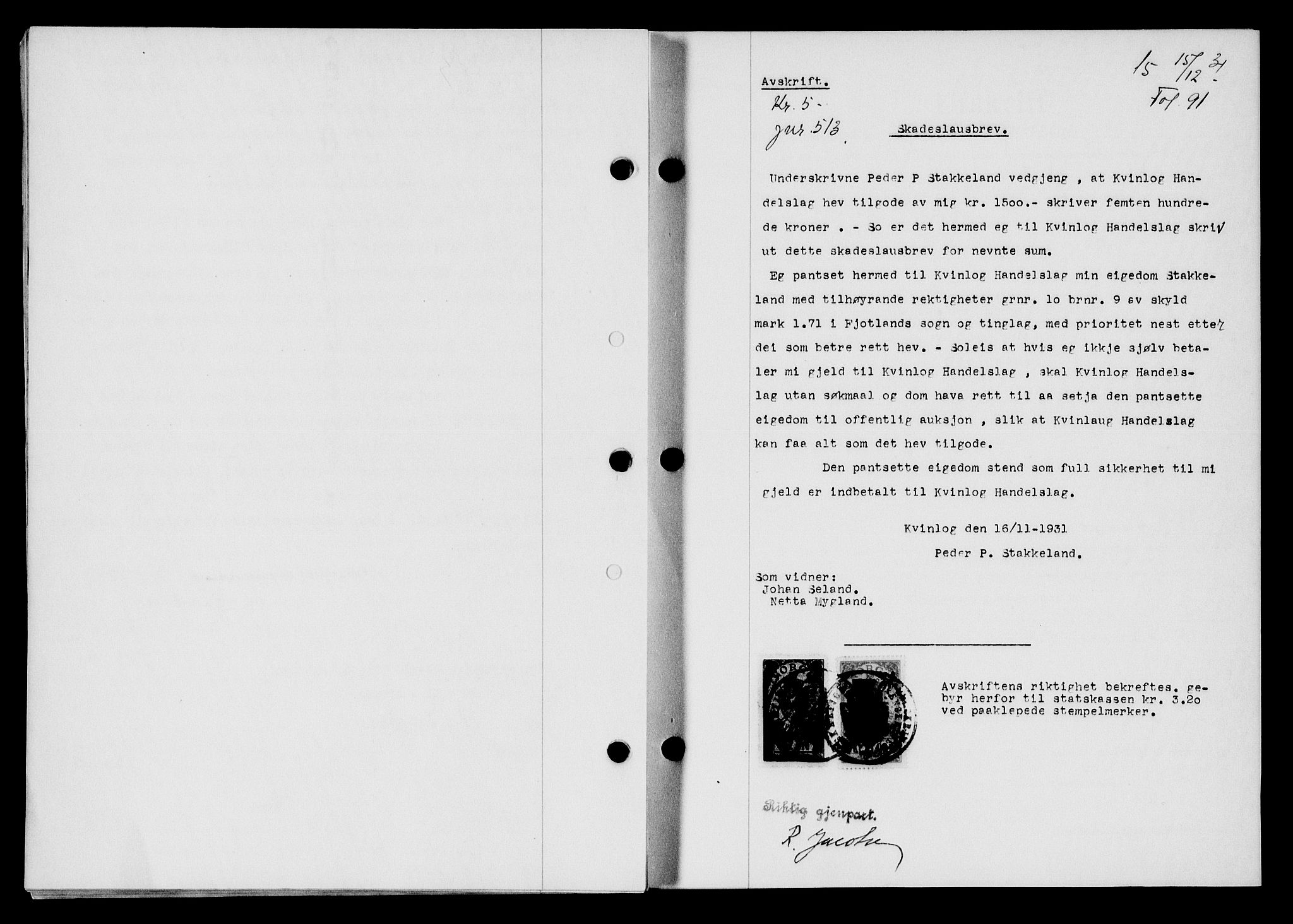 Flekkefjord sorenskriveri, SAK/1221-0001/G/Gb/Gba/L0047: Mortgage book no. 45, 1931-1932, Deed date: 15.12.1931