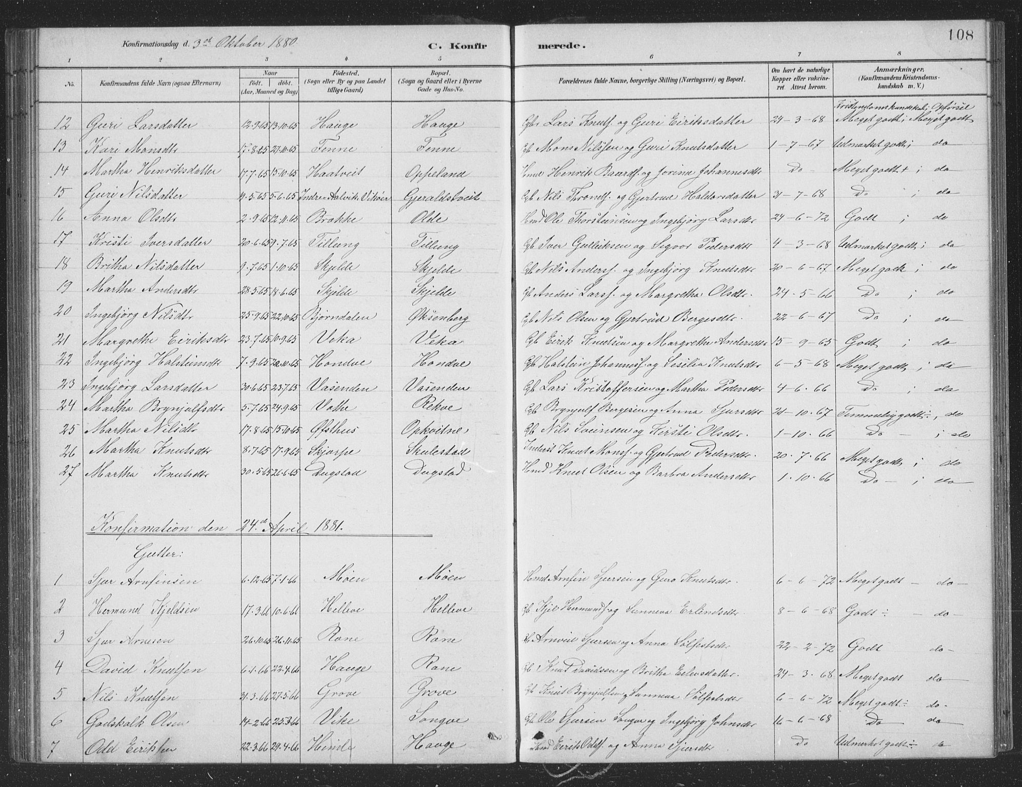 Voss sokneprestembete, SAB/A-79001/H/Hab: Parish register (copy) no. B 3, 1879-1894, p. 108