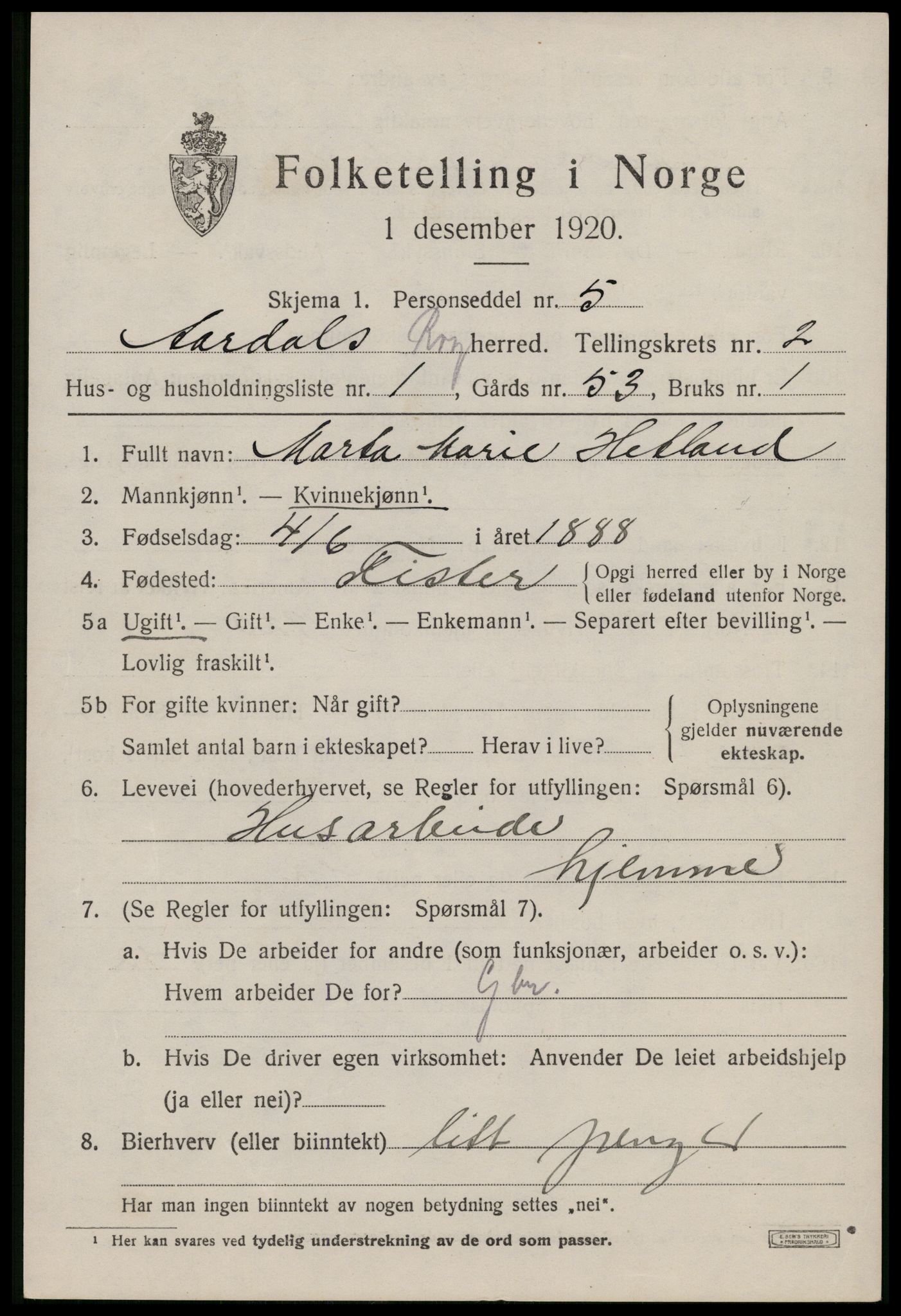 SAST, 1920 census for Årdal, 1920, p. 602