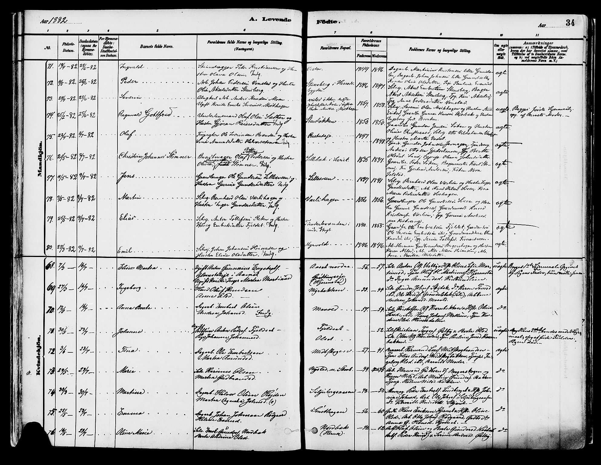 Elverum prestekontor, AV/SAH-PREST-044/H/Ha/Haa/L0013: Parish register (official) no. 13, 1880-1890, p. 34