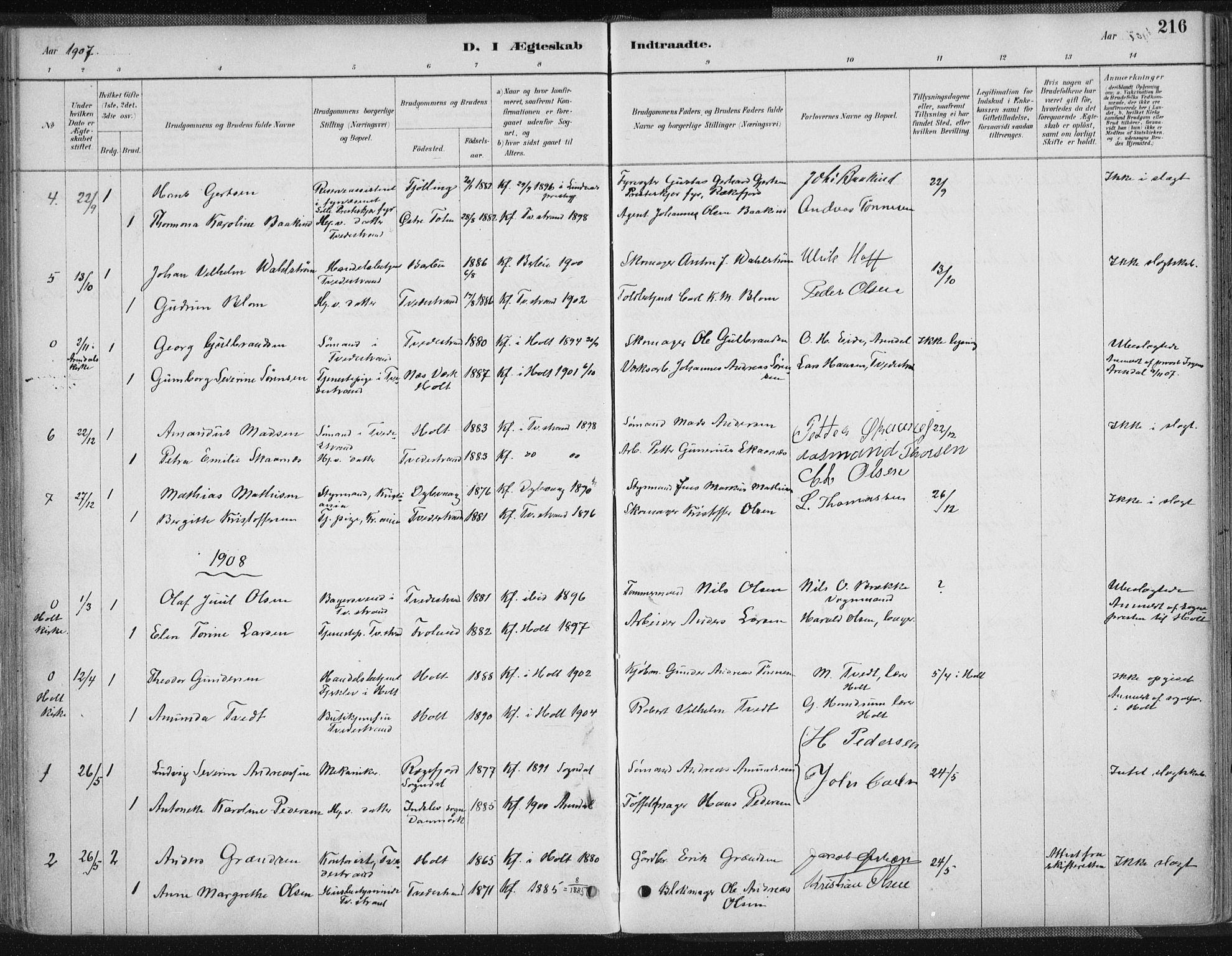 Tvedestrand sokneprestkontor, AV/SAK-1111-0042/F/Fa/L0001: Parish register (official) no. A 1, 1885-1916, p. 216