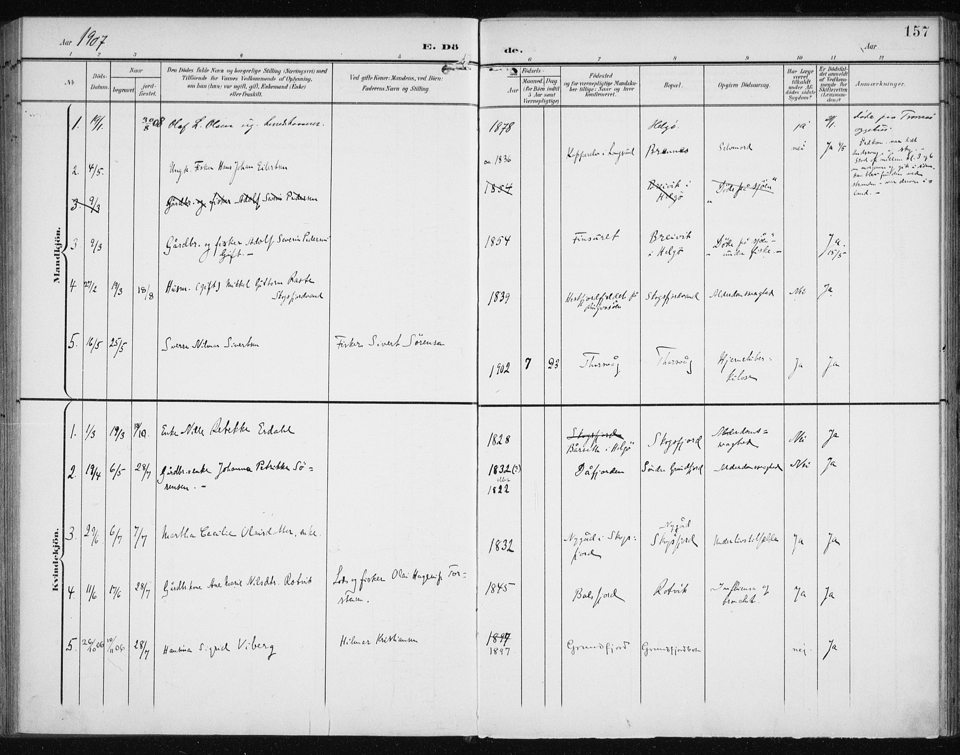 Karlsøy sokneprestembete, SATØ/S-1299/H/Ha/Haa/L0013kirke: Parish register (official) no. 13, 1902-1916, p. 157