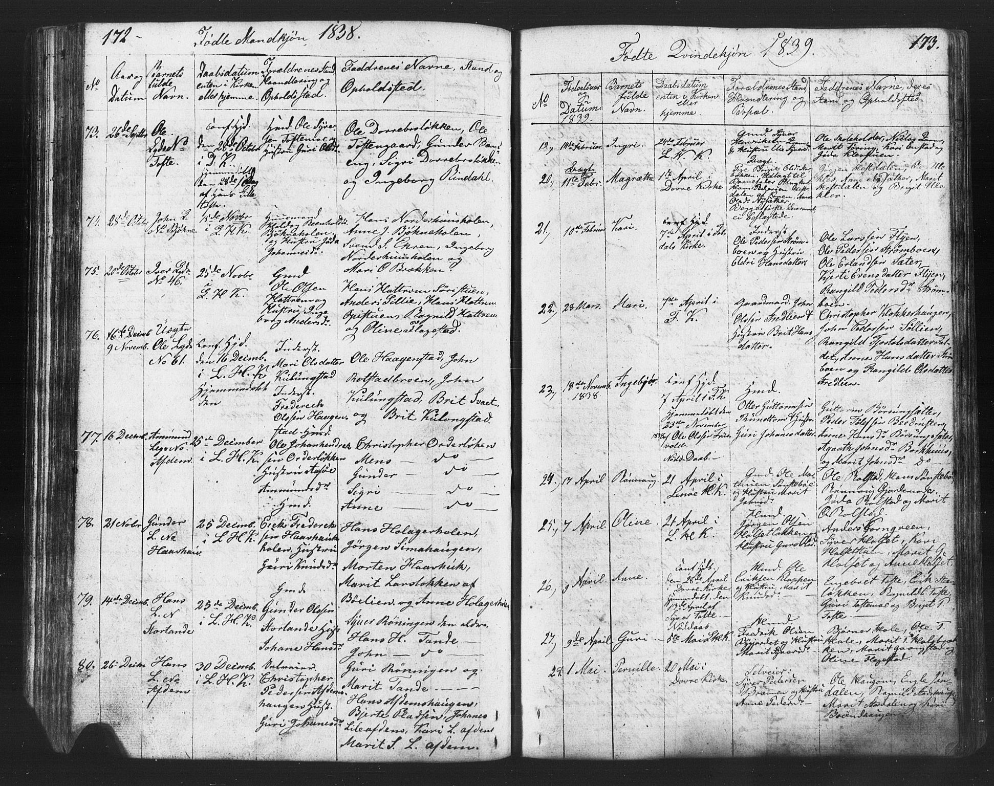 Lesja prestekontor, SAH/PREST-068/H/Ha/Hab/L0002: Parish register (copy) no. 2, 1832-1850, p. 172-173