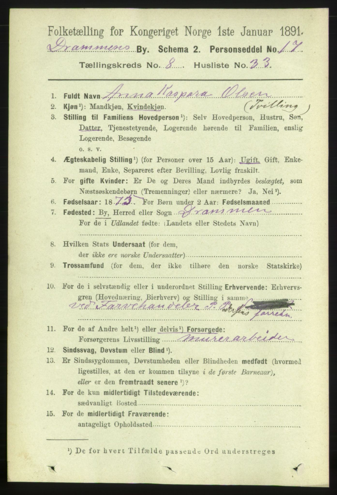 RA, 1891 census for 0602 Drammen, 1891, p. 7234