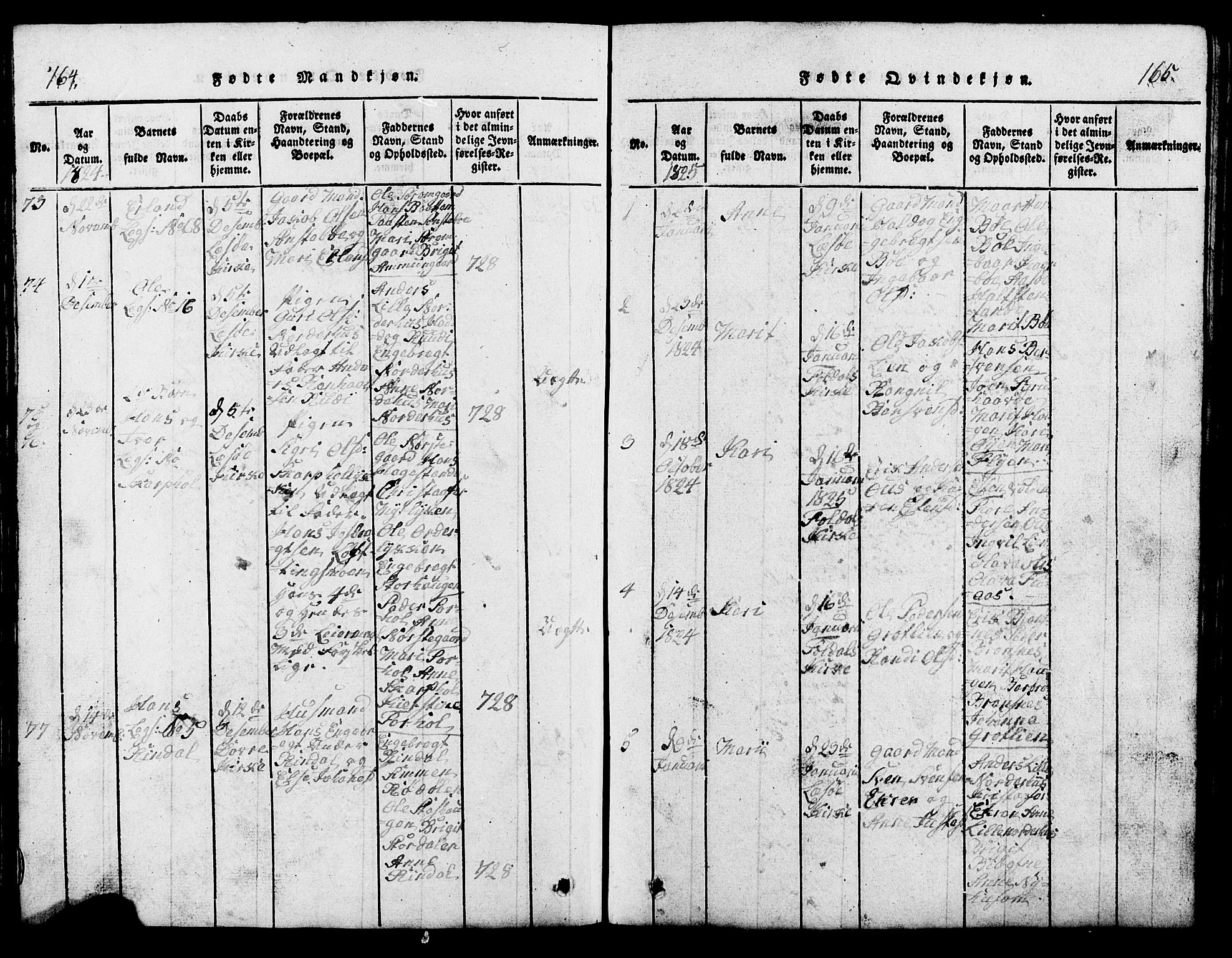 Lesja prestekontor, SAH/PREST-068/H/Ha/Hab/L0001: Parish register (copy) no. 1, 1820-1831, p. 164-165