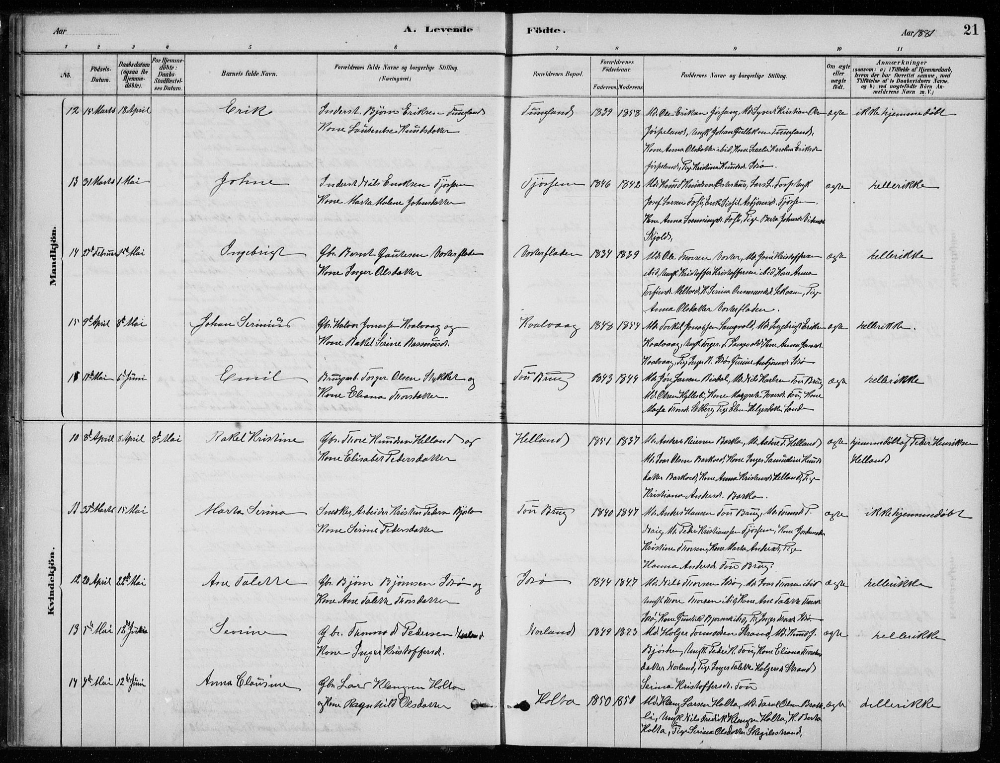 Strand sokneprestkontor, AV/SAST-A-101828/H/Ha/Hab/L0004: Parish register (copy) no. B 4, 1878-1903, p. 21