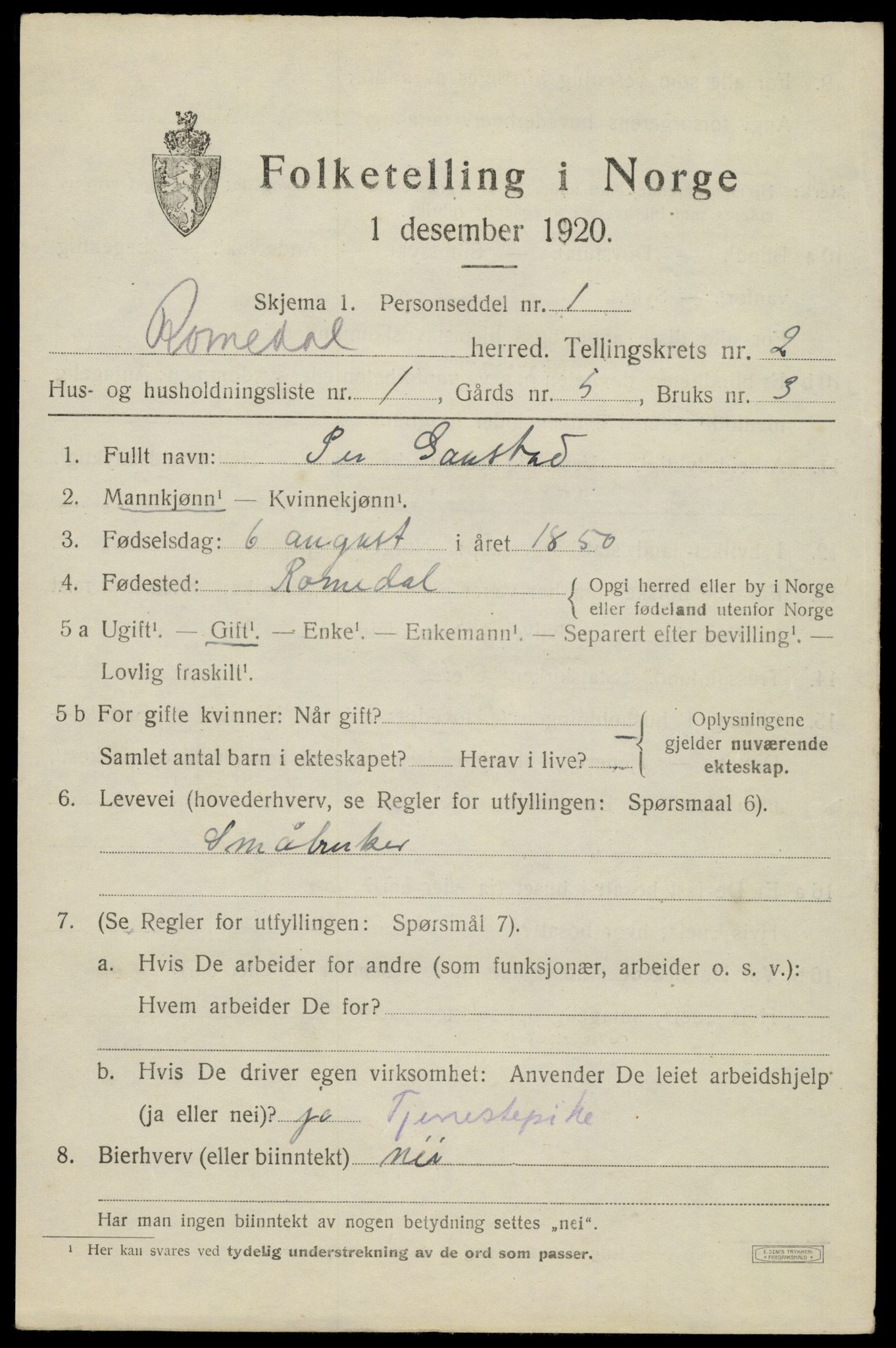 SAH, 1920 census for Romedal, 1920, p. 3143