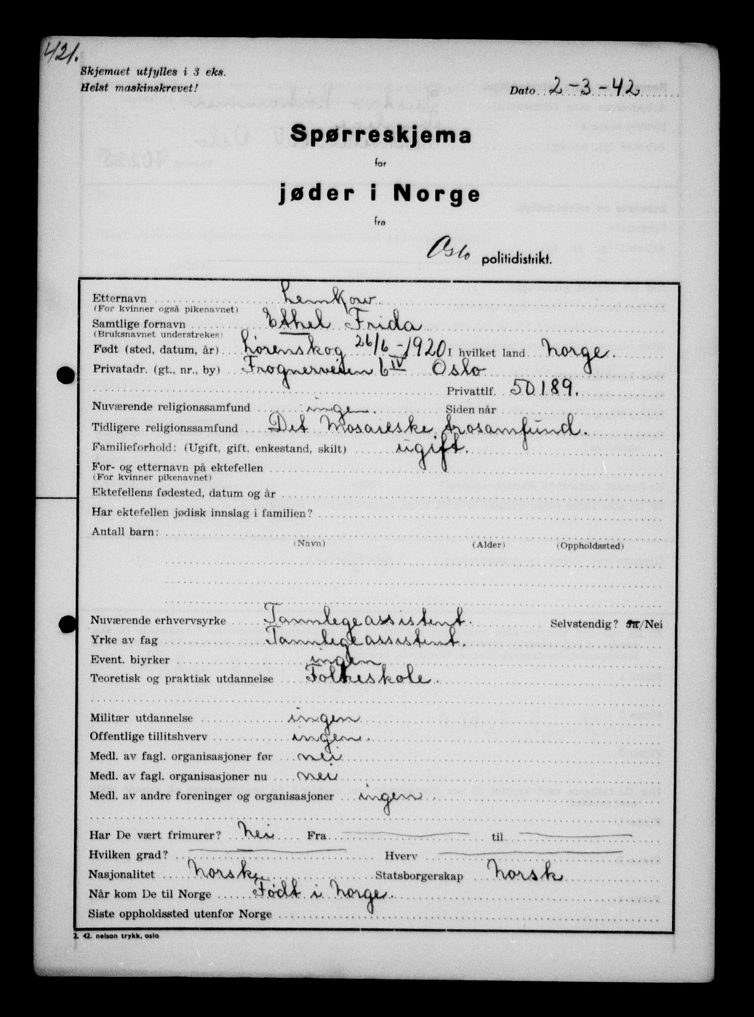 Statspolitiet - Hovedkontoret / Osloavdelingen, AV/RA-S-1329/G/Ga/L0010: Spørreskjema for jøder i Norge: Jøder bosatt i Oslo, Hansen - Pintzow, 1942, p. 481
