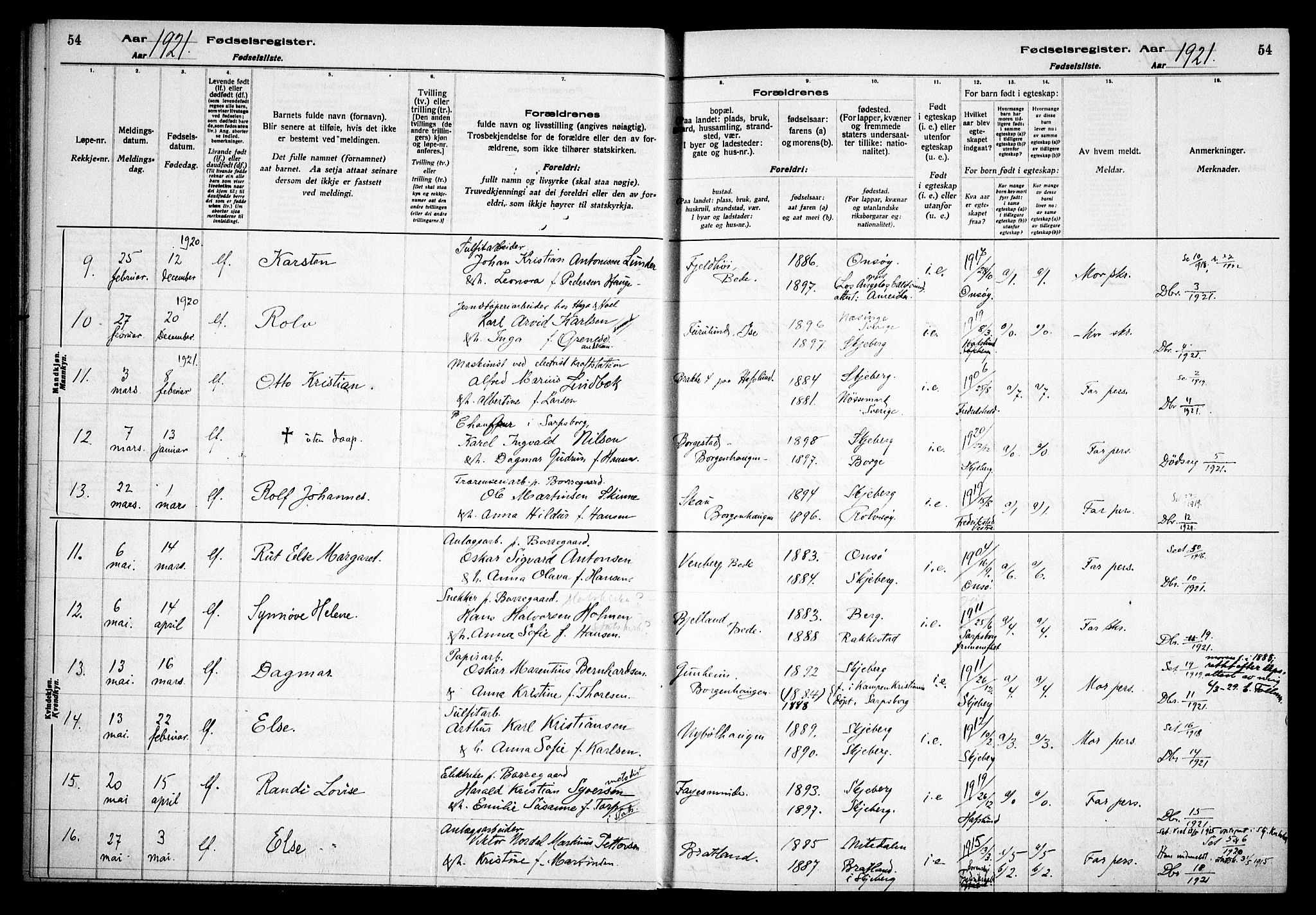 Skjeberg prestekontor Kirkebøker, AV/SAO-A-10923/J/Jd/L0001: Birth register no. IV 1, 1916-1935, p. 54