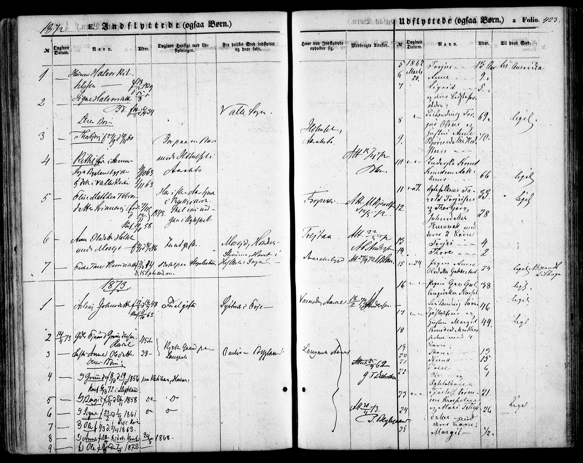 Bygland sokneprestkontor, SAK/1111-0006/F/Fa/Fab/L0005: Parish register (official) no. A 5, 1859-1873, p. 423