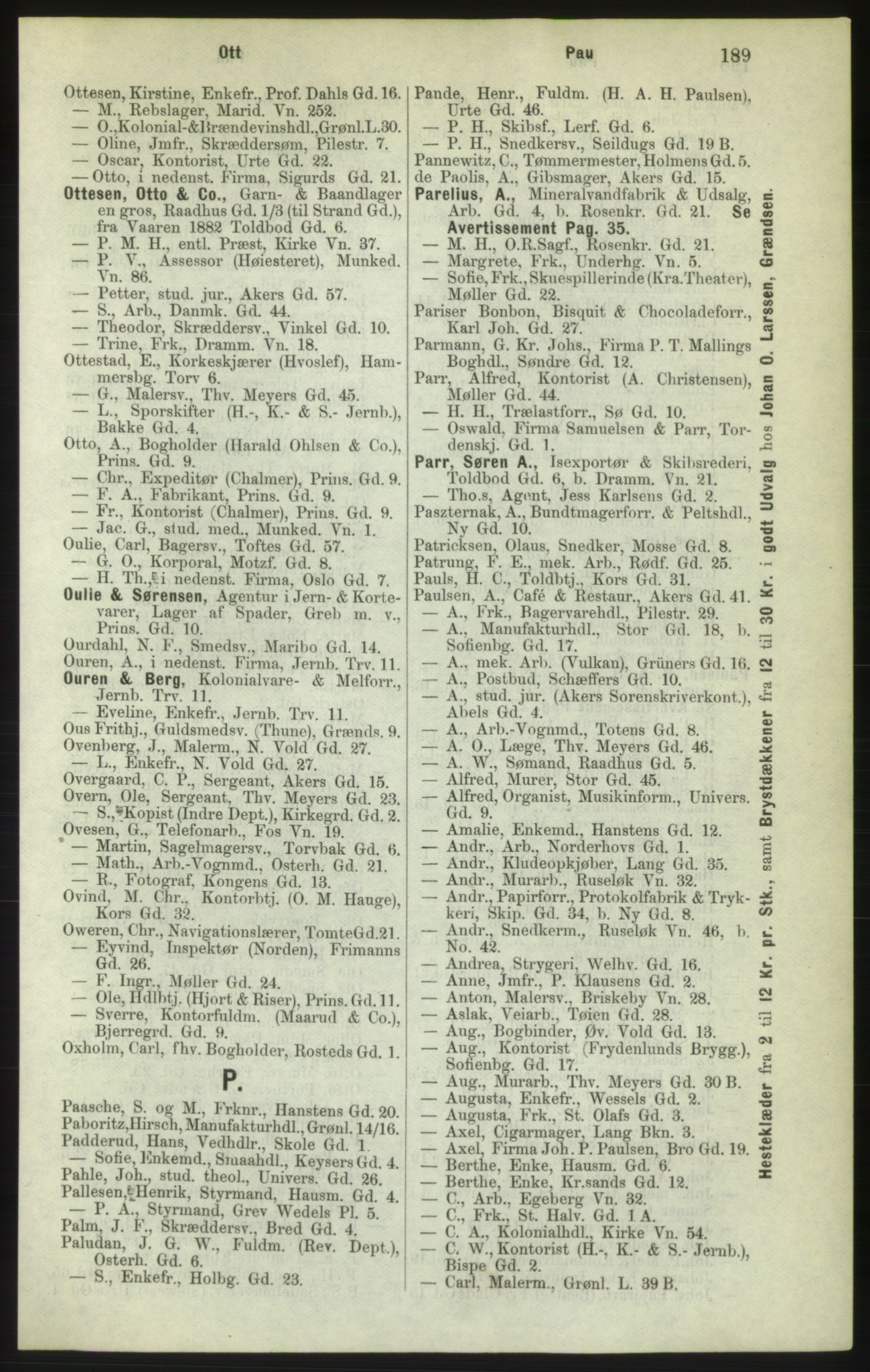 Kristiania/Oslo adressebok, PUBL/-, 1882, p. 189