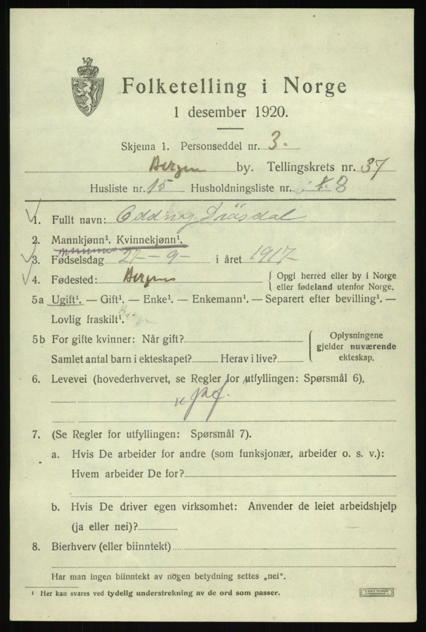 SAB, 1920 census for Bergen, 1920, p. 104400