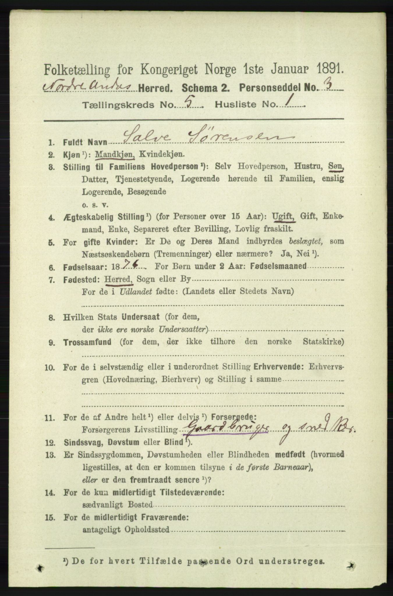 RA, 1891 census for 1028 Nord-Audnedal, 1891, p. 1230